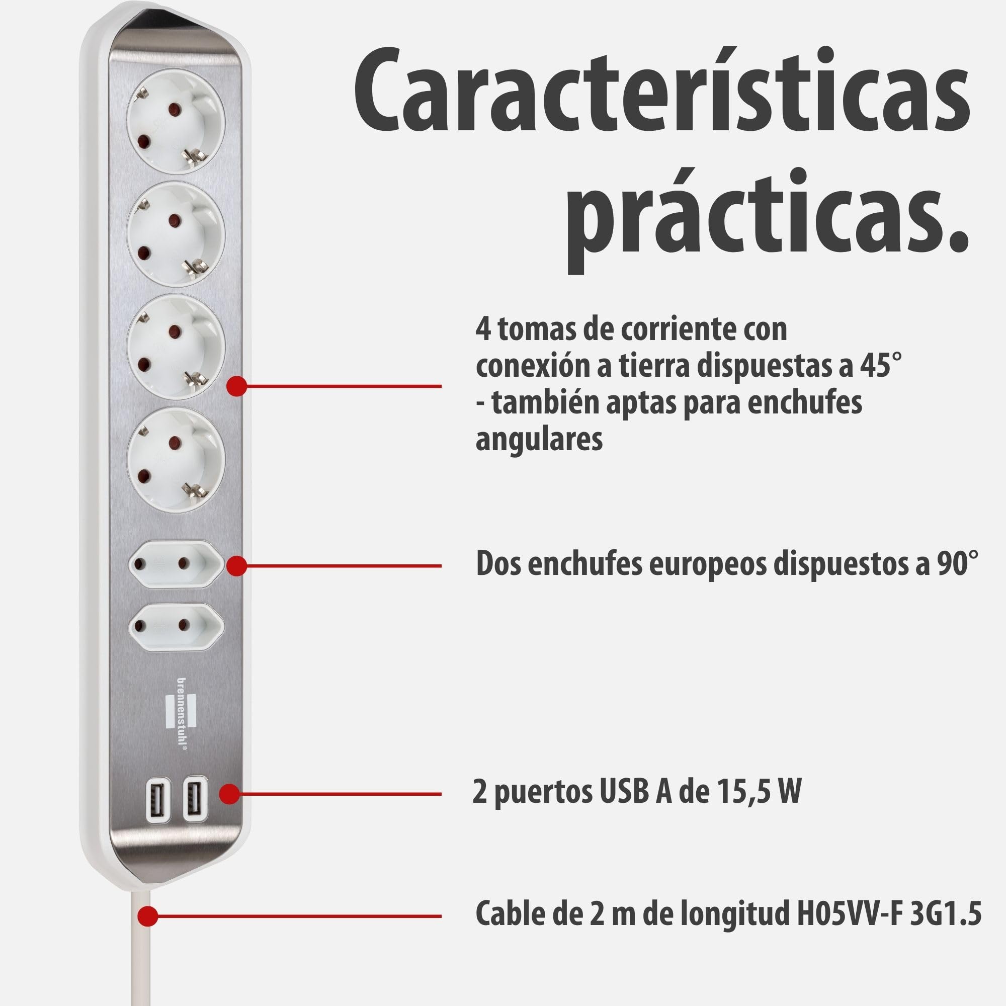 Brennenstuhl regleta de enchufes en Forma Esquina con 6 Tomas de Corriente y USB (4X Tomas de Corriente, 2X Euro, 2X Carga USB, Superficie de Acero Inoxidable) Plateado/Blanco