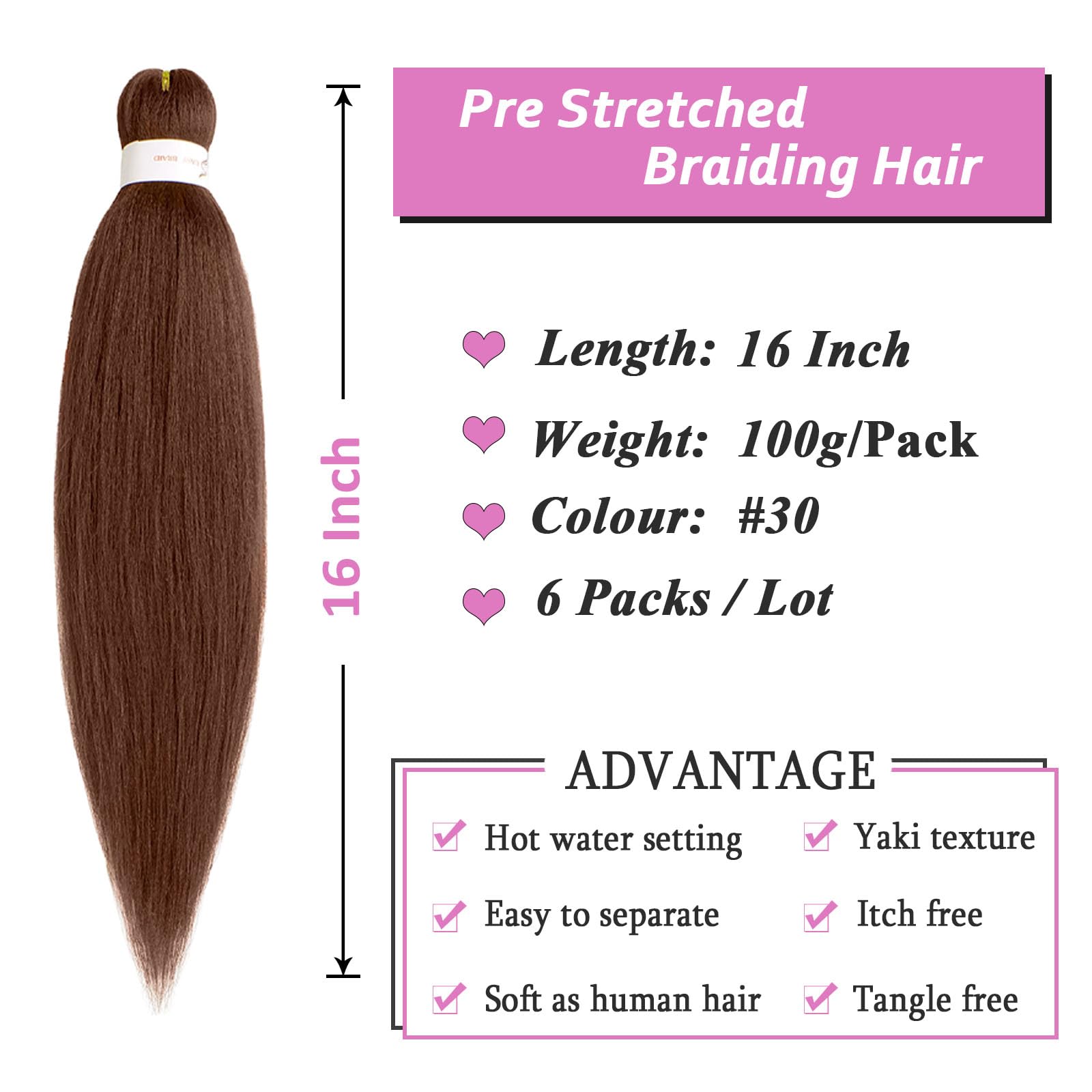 Samtress 16 Inch Pre Stretched Braiding Hair 6 Packs Dark Brown Easy Braid Soft Yaki Texture Kanekalon Synthetic Fiber Hot Water Setting Crochet Braids Hair Extensions for Women (#30) - Image 2