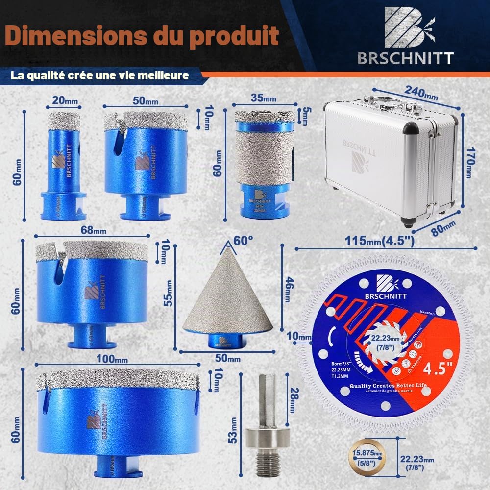 Jeu de carottes diamantées - BRSCHNITT Carreaux 20/50/68/100MM 35MM Finger Bit 50MM Fasen Bit Filetage M14 pour porcelaine Carreaux Céramique Marbre Granit 115MM Lame diamantée