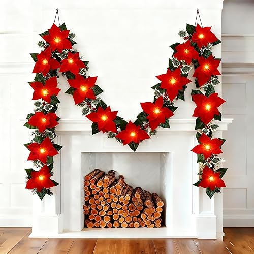 Paquete de 2 guirnaldas artificiales de decoración de Navidad de 6.5 pies, guirnalda de Pascua de seda de terciopelo preiluminada con bayas rojas y