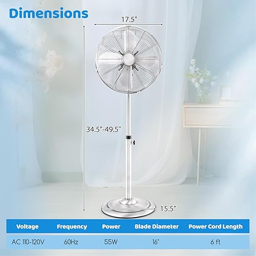 Miniatura 4 de Tangkula Ventilador de pedestal de metal de 16 pulgadas, ventilador de pie de metal industrial con altura ajustable, 3 velocidades, oscilación de