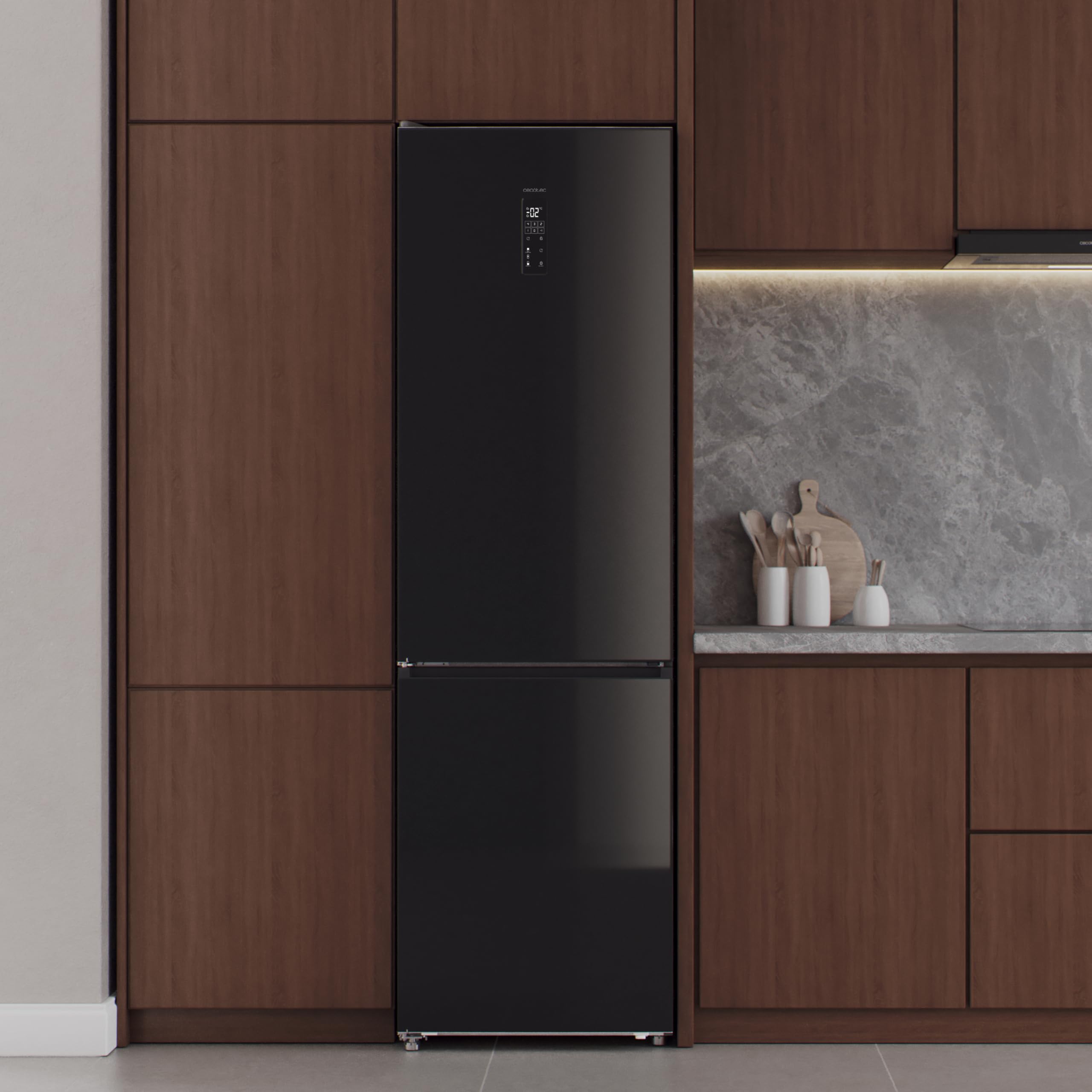 Cecotec Frigorífico Combi Total No Frost Bolero CoolMarket Combi 456 Black Glass E, 456 L, Alto 201 cm y 59,5 cm Ancho, MAX INSIDE con VIP tech, Compresor Inverter Plus, Botellero y Bandejas Cristal