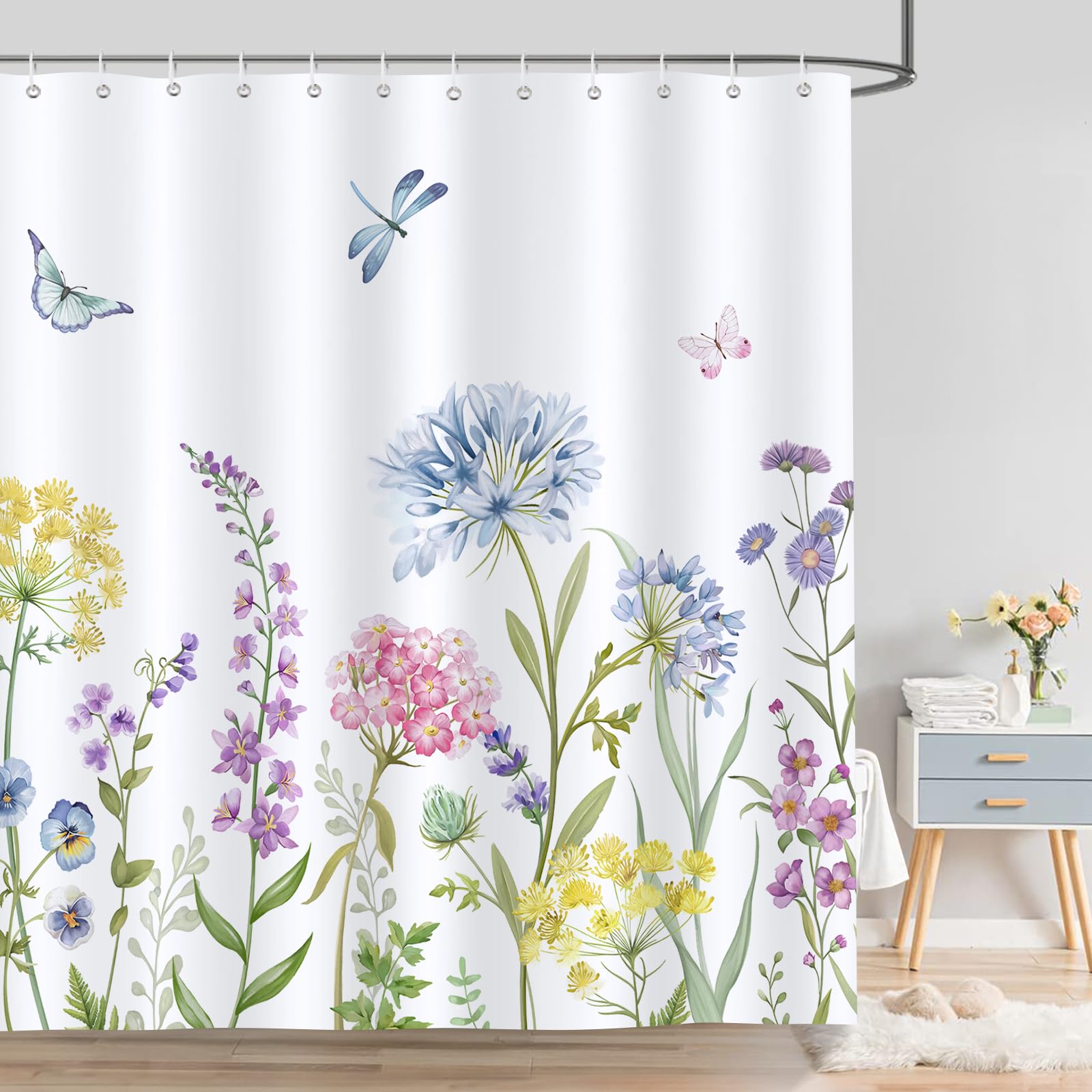 Bonhause Spring Floral Shower Curtain, Pink Yellow Blue Flowers Hydrangea Butterfly Plants Bathroom Decor 72x72 Inch Polyester Fabric Waterproof Bath