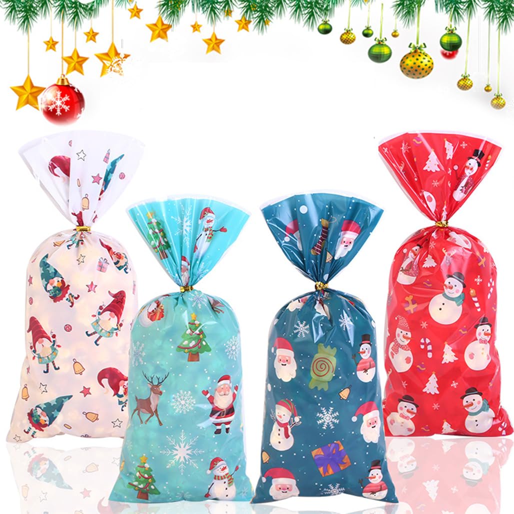 Aowin 120 PCS Christmas Candy Bag,Santa Candy Pockets, Cellophane Candy Bags,Christmas Baking Treat Tie Bags,Reusable Christmas Party Gift Wrapping Bags for Holiday Party Favors