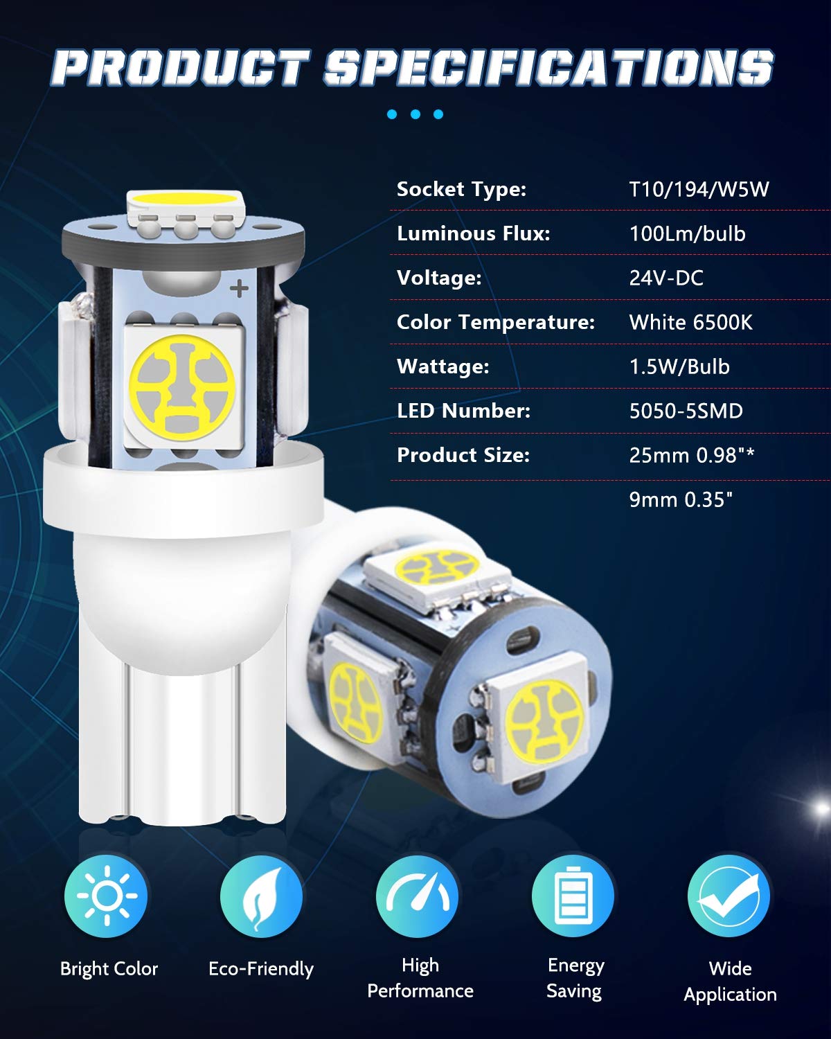 ALOPEE 30-pak W5W 501 194 T10 168 24V biała żarówka 5050 5 SMD do bagażnika Lampa dzięki uprzejmości lampy tablicy rejestracyjnej oświetlenie deski rozdzielczej