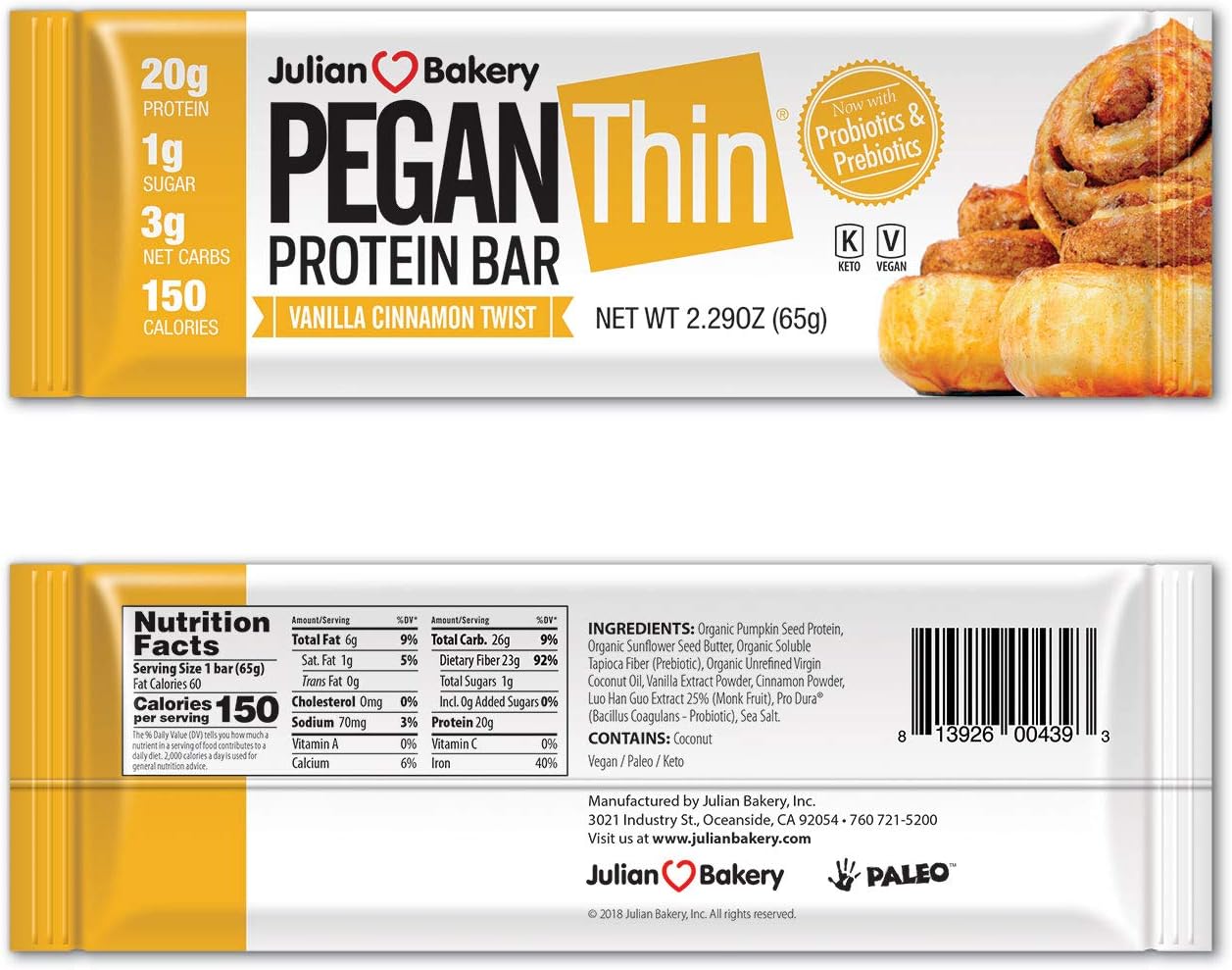 Pegan® Protein Bar (Vanilla Cinn Roll) 12 Bars (20g Organic Plant Protein) (3 Net Carbs 1g Sugar) VeganⓋ