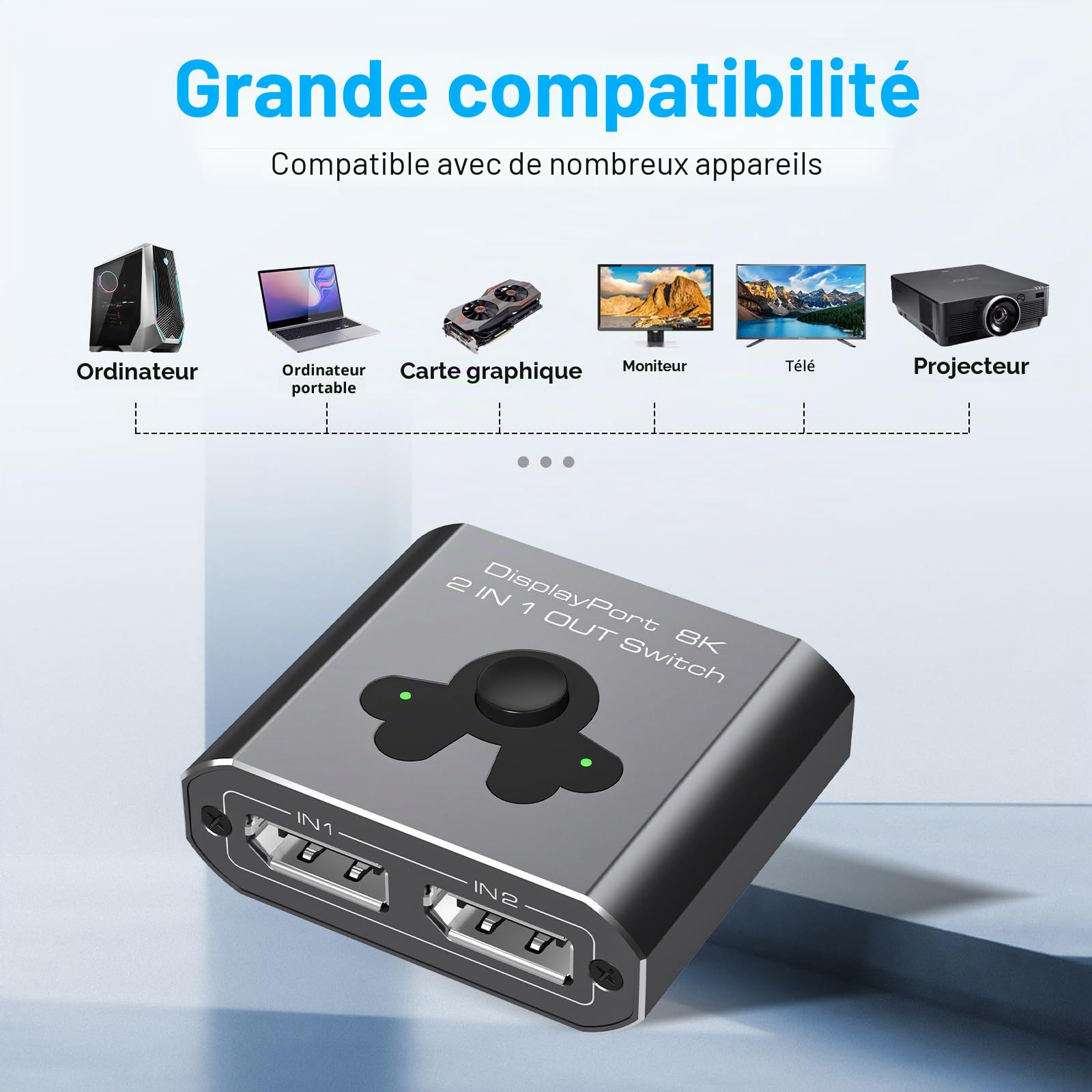 Switch Displayport 2 Entrées 1 Sortie 4K144Hz 8K60Hz Commutateur DP 2 In 1 Out Switch DP 1.4 Compatible TV, Moniteurs, Ordinateurs Portables, Projecteurs, Etc