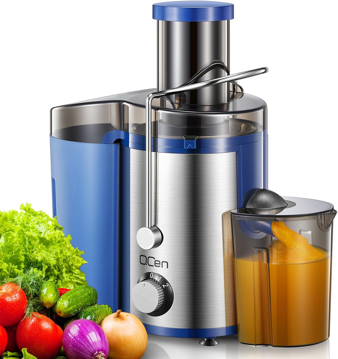 QCen - 800W Centrifugal Juicer with 3" Wide Mouth for Fruits and Vegetables, Easy to Clean, Stainless Steel, BPA Free (Blue)