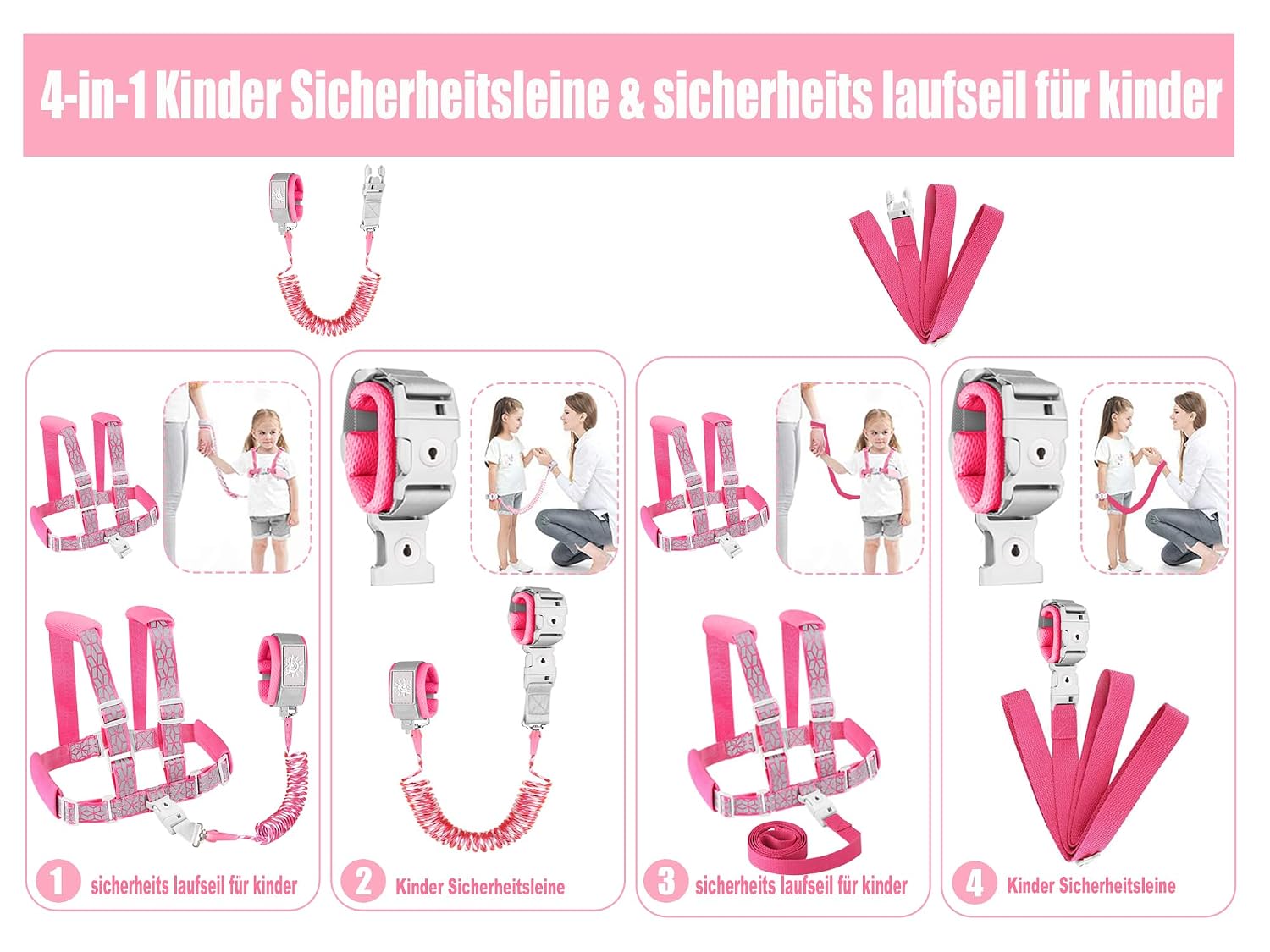 4 in 1 Toddler Harness Leashes,Anti Lost Link with Lock,6.5ft Pink image 2