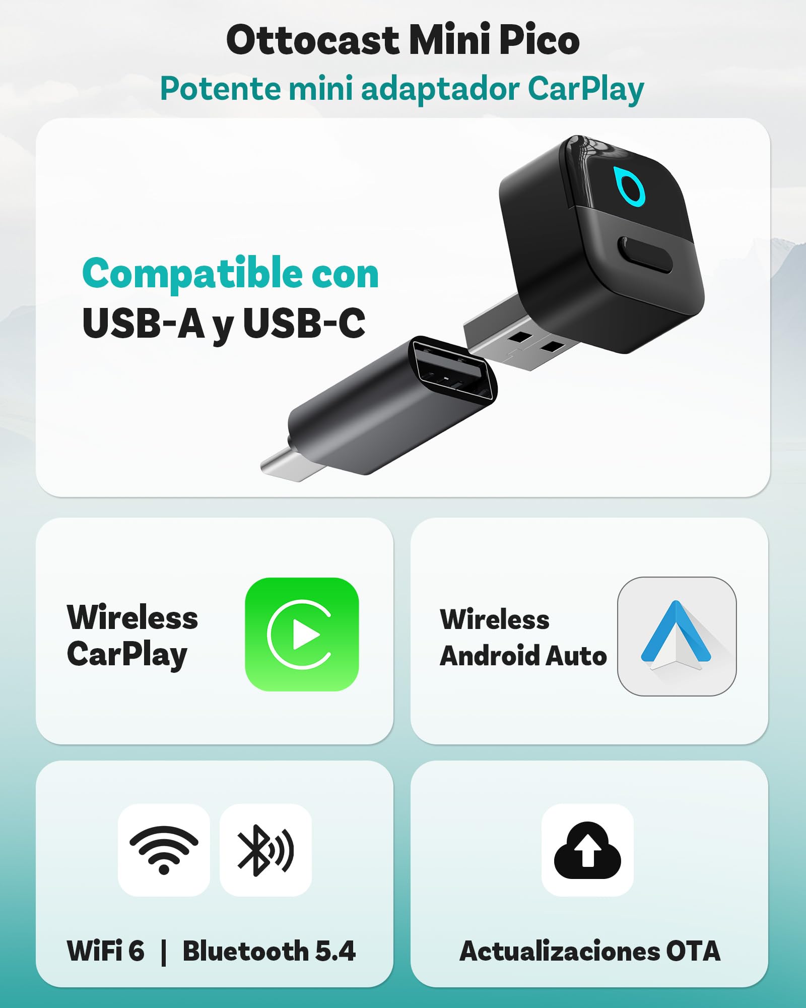 OTTOCAST Mini Pico 2026 Adaptador Inalámbrico CarPlay & Android Auto, WiFi 6 & Bluetooth 5.4, Mini Dongle USB Plug & Play, De CarPlay/Android Auto con Cable a Wireless, OTA Upgrade
