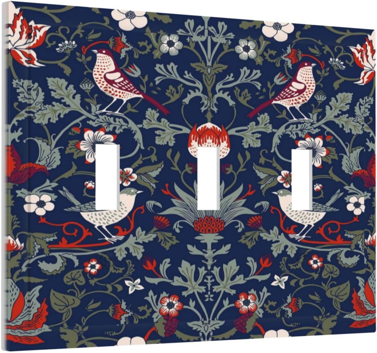Morris Navy Blue Vintage Birds Berries Floral 3 Gang Light Switch Covers Triple Toggle Wall Plate Decorative Switchplate Electrical Faceplate for Country Bathroom Bedroom Decor image 2