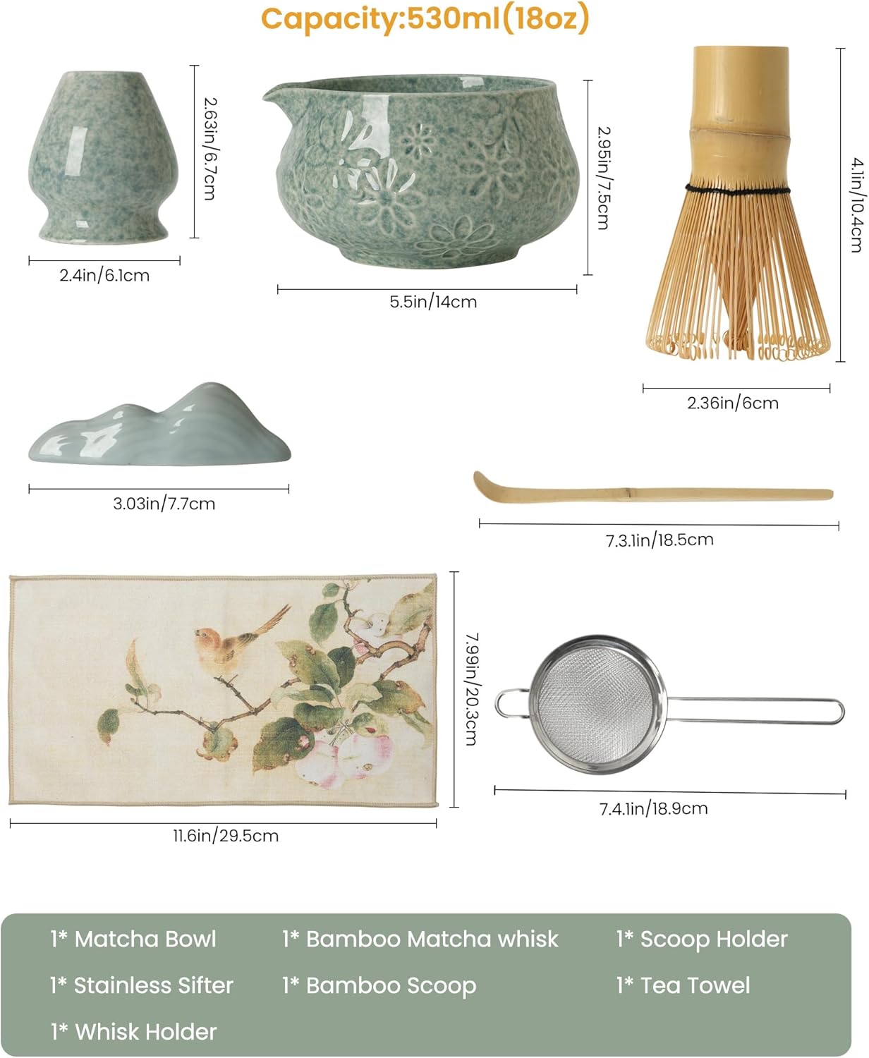 Matcha Whisk Set-7-Piece Ceramic Matcha Kit for Matcha Lovers,Includes 18 oz Matcha Bowl,Bamboo Matcha Whisk & Holder,Bamboo Scoop,Scoop Rest,Sifter,and Tea Towel(Blue)