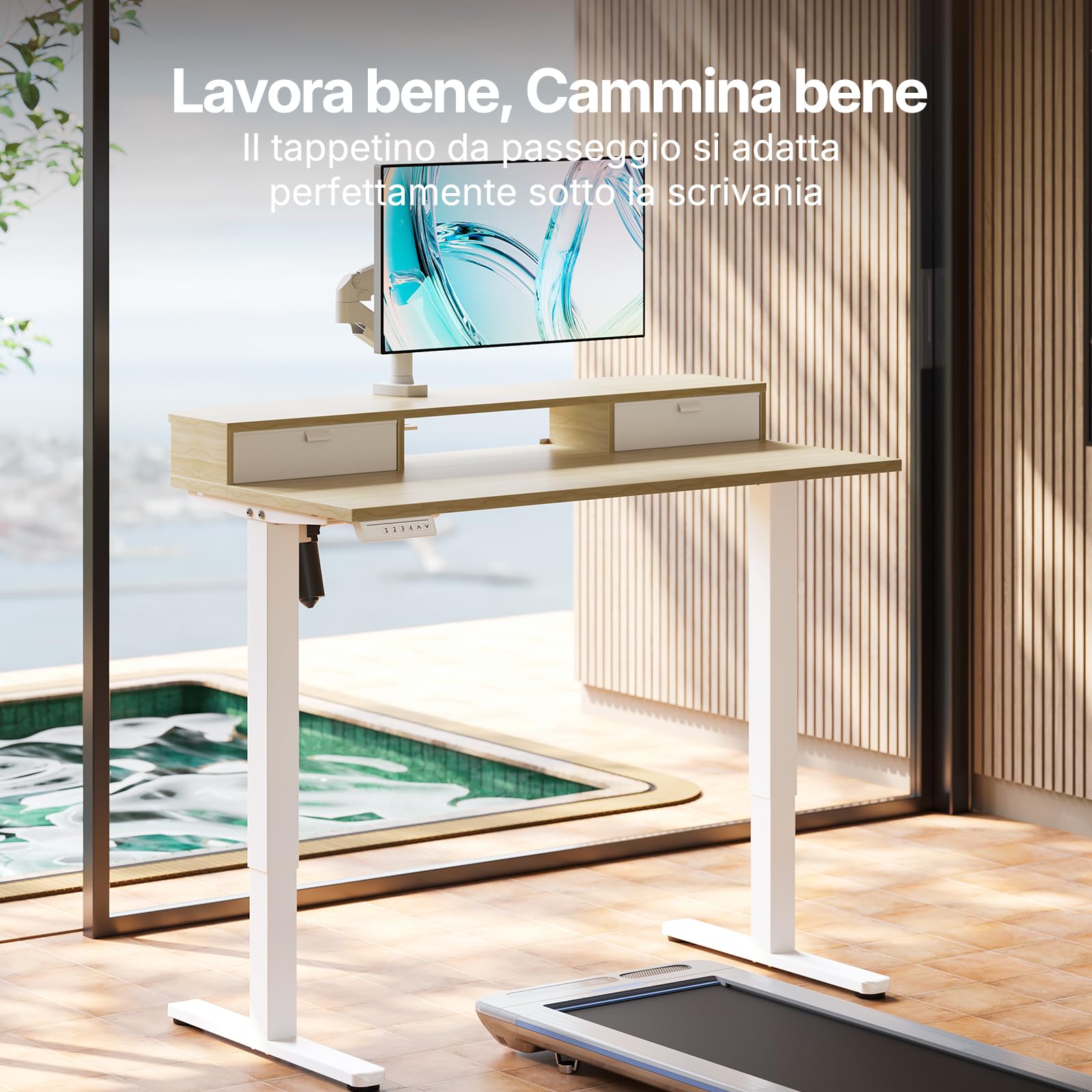 HUANUO Scrivania con Cassetti 100 x 60 cm 4 Memorie | Supporto a Morsetto a C, Scrivania Regolabile in Altezza, Stand Up Ufficio