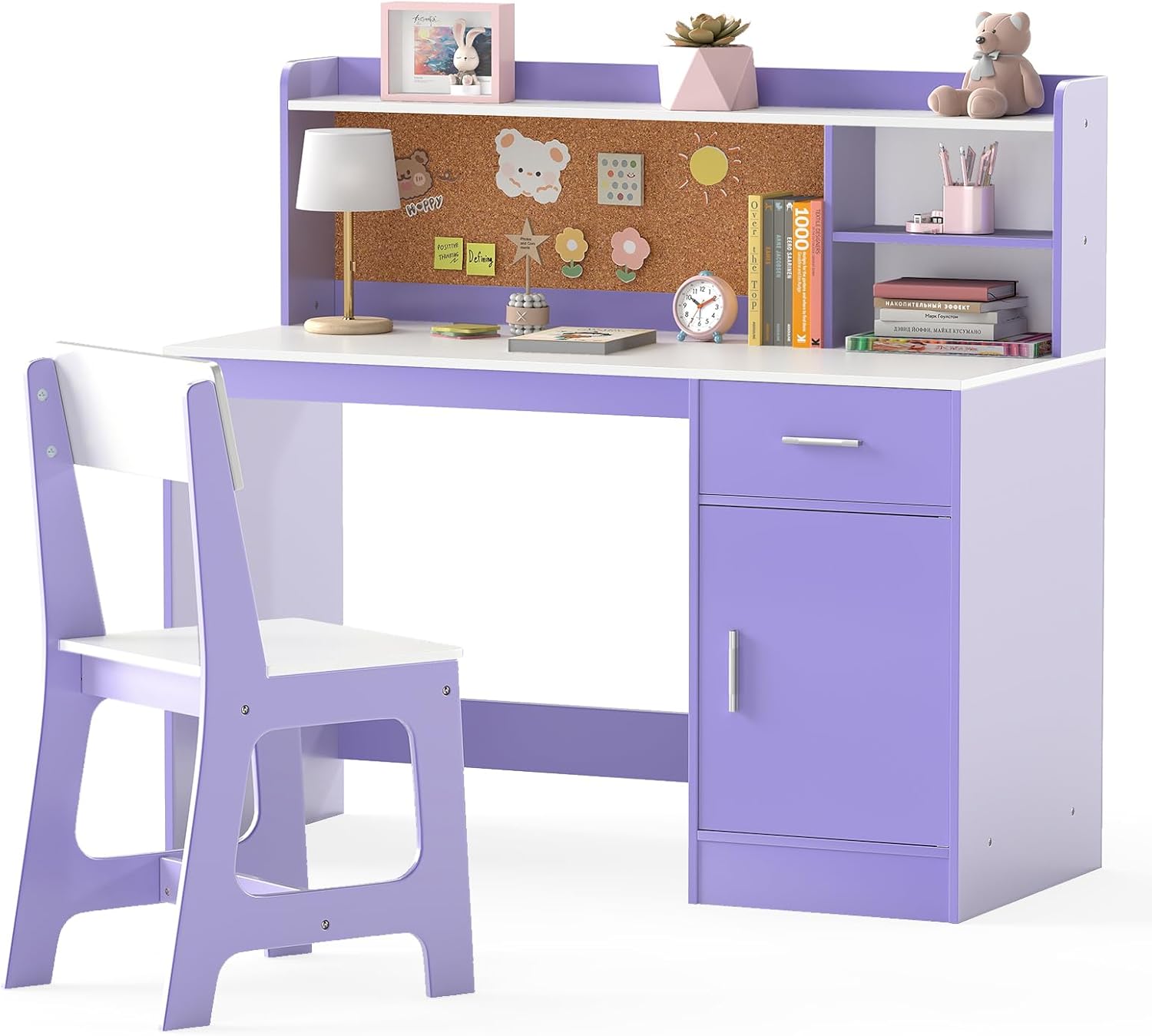 HONEY JOY Kids Desk and Chair Set, Large Wooden Children School Study Table and Chair w/Drawer, Hutch, Storage Shelves, Student Writing Desk Computer Workstation for Bedroom, 3+ Years Old (Purple)