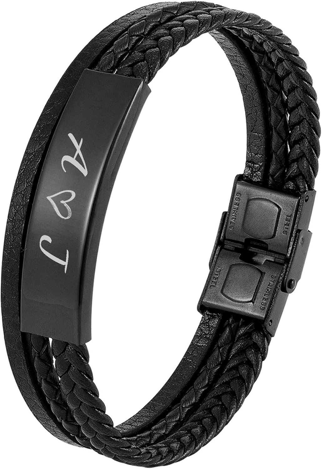 Qina C. Personalized Mens Leather Bracelet Custom Text Engraved Stainless Steel Wristband Gift f/Boyfriend Husband Dad