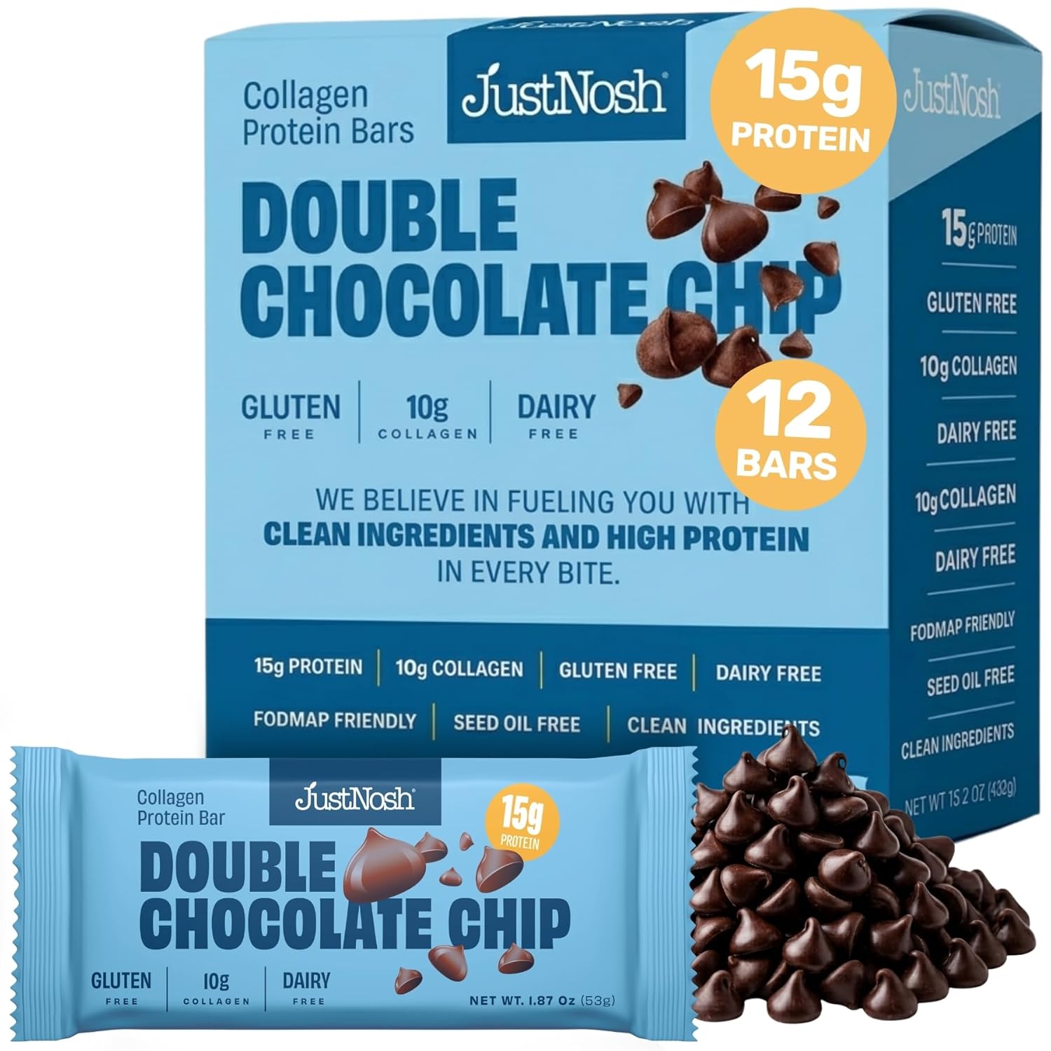 JUSTNOSH ​D​ouble Chocolate Chip Collagen Protein Bars – 15g Protein, 10g Collagen | Gluten & Dairy Free, Low FODMAP, Seed Oil Free (12 Pack)
