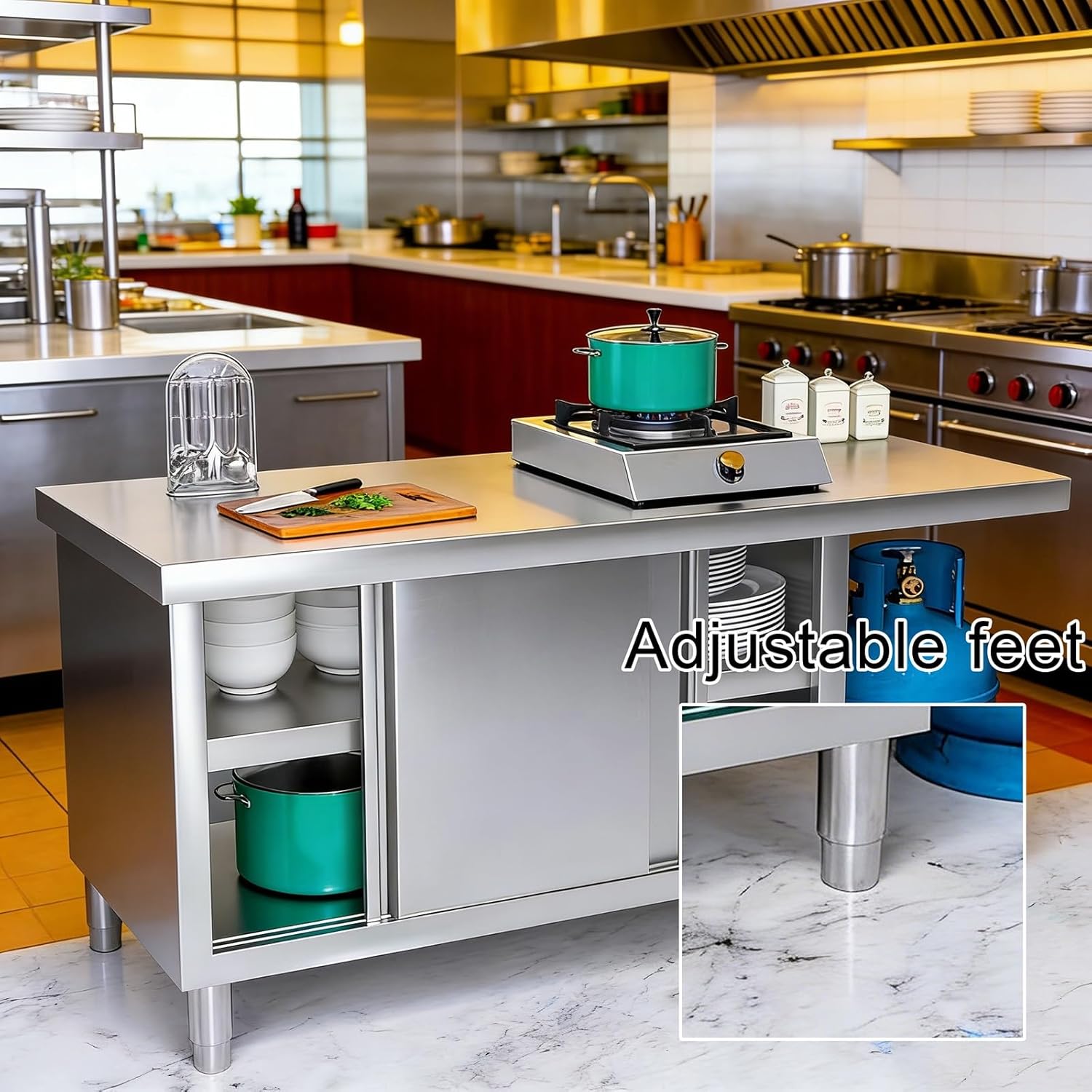 Stainless Steel Workbench with Sliding Doors and Adjustable Legs Kitchen Work Table with Extension Panel Suitable for Restaurants and Garages Brushed Finish Triangular Reinforcement Connections