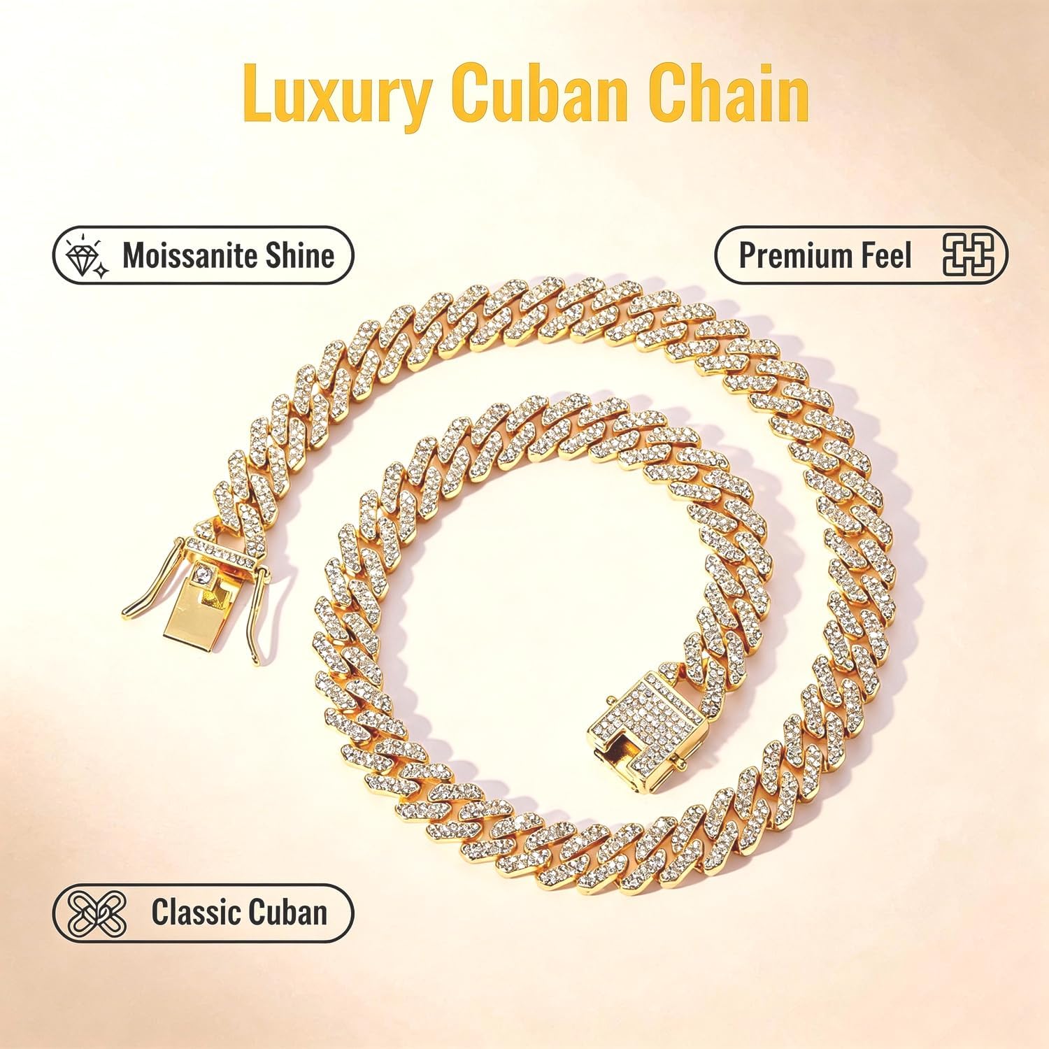 Solid Gold over S925 Sterling Silver 12mm Bar Cuban Link Necklace, Moissanite Coverage on a Classic Chain, Foundation for His Rotation