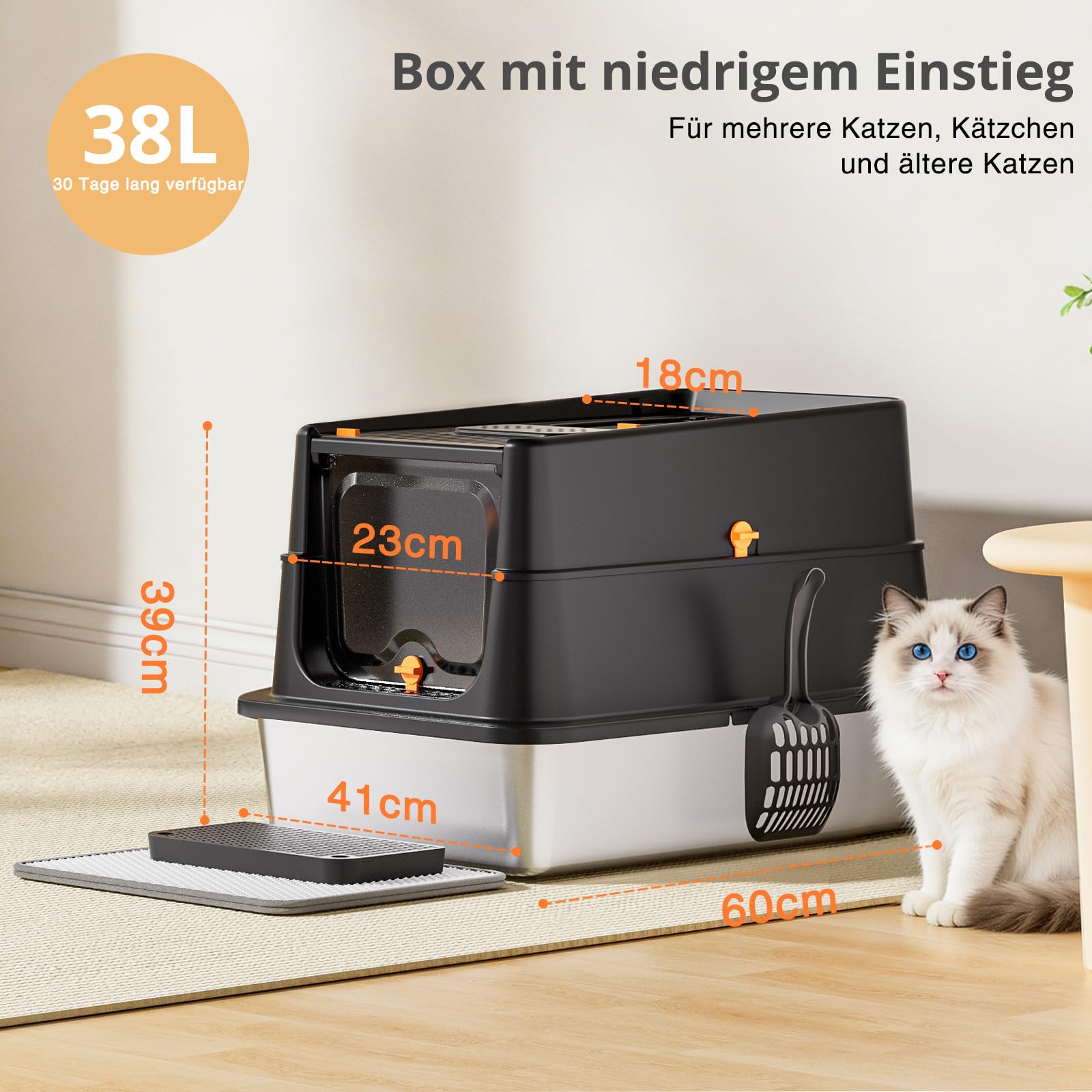 Katzentoilette aus Edelstahl, XXL geschlossene Katzentoilette mit Deckel, leicht zu reinigen, hochseitiges Metall-Kitty, mit Einstieg Oben, Schaufel, Matte, Bürste & Fußpedal-Schwarz