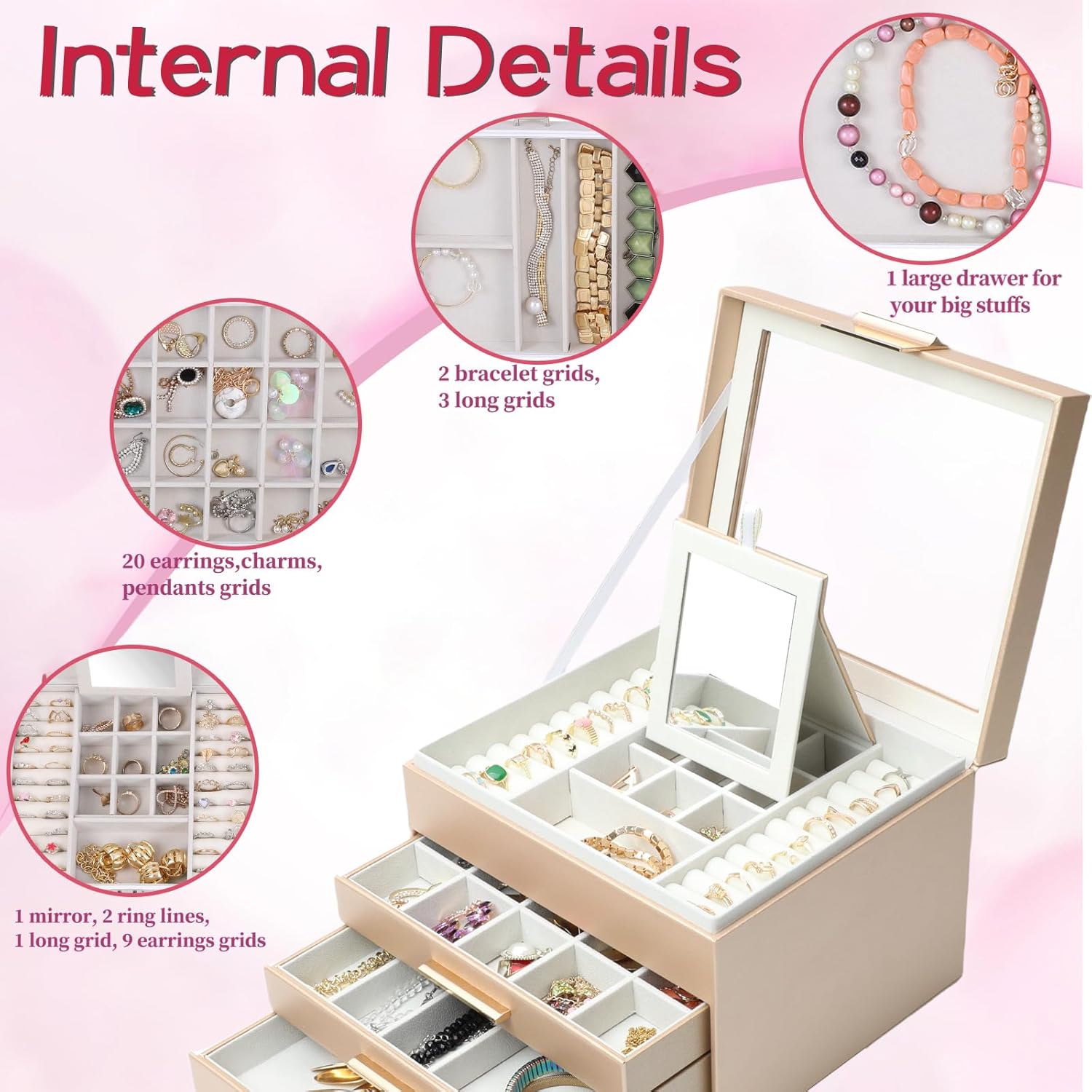 BOOVO Clear Lid Jewelry Box,4 Layers Jewelry Organizer Large Jewelry Storage Box with 3 Drawers,Jewelry Holder Organzier of Rings Earrings Necklace Bracelets for Women (Champagne, 4 Layer)