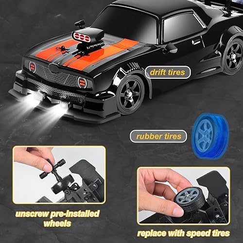 Miniatura 4 de Fistone Auto RC Drift de 2.4 GHz escala 116 4WD 18 KMH de alta velocidad con luces LED, 2 baterías y neumático de goma, vehículo de juguete