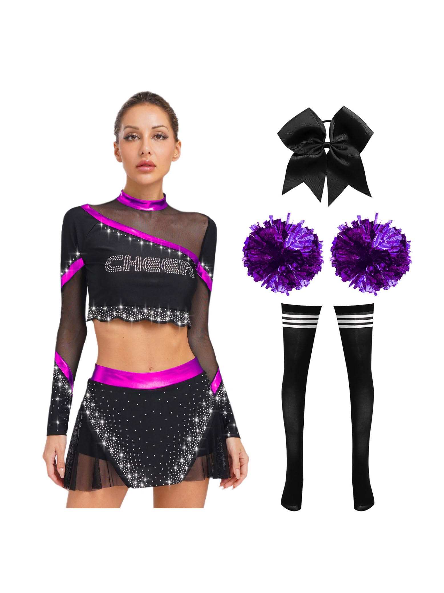 Cheer Leader Kostüm Damen Langarm Crop Top Minirock Mit Pompoms/harrband/SockenKarneval Halloween Cheerleading Outfit Lila XXL