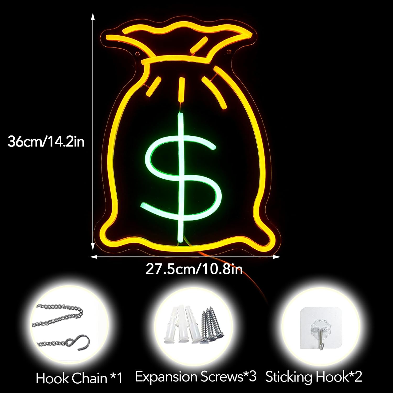 Bag Of Money Neon Sign, Neon Sign For Wall Decor, Golden Yellow+Green Led Signs Usb Powered, Living Game Room Decor, For Bedroom Office Restaurant Bar Hotel Shop Party Birthday (14.2x10.8in)