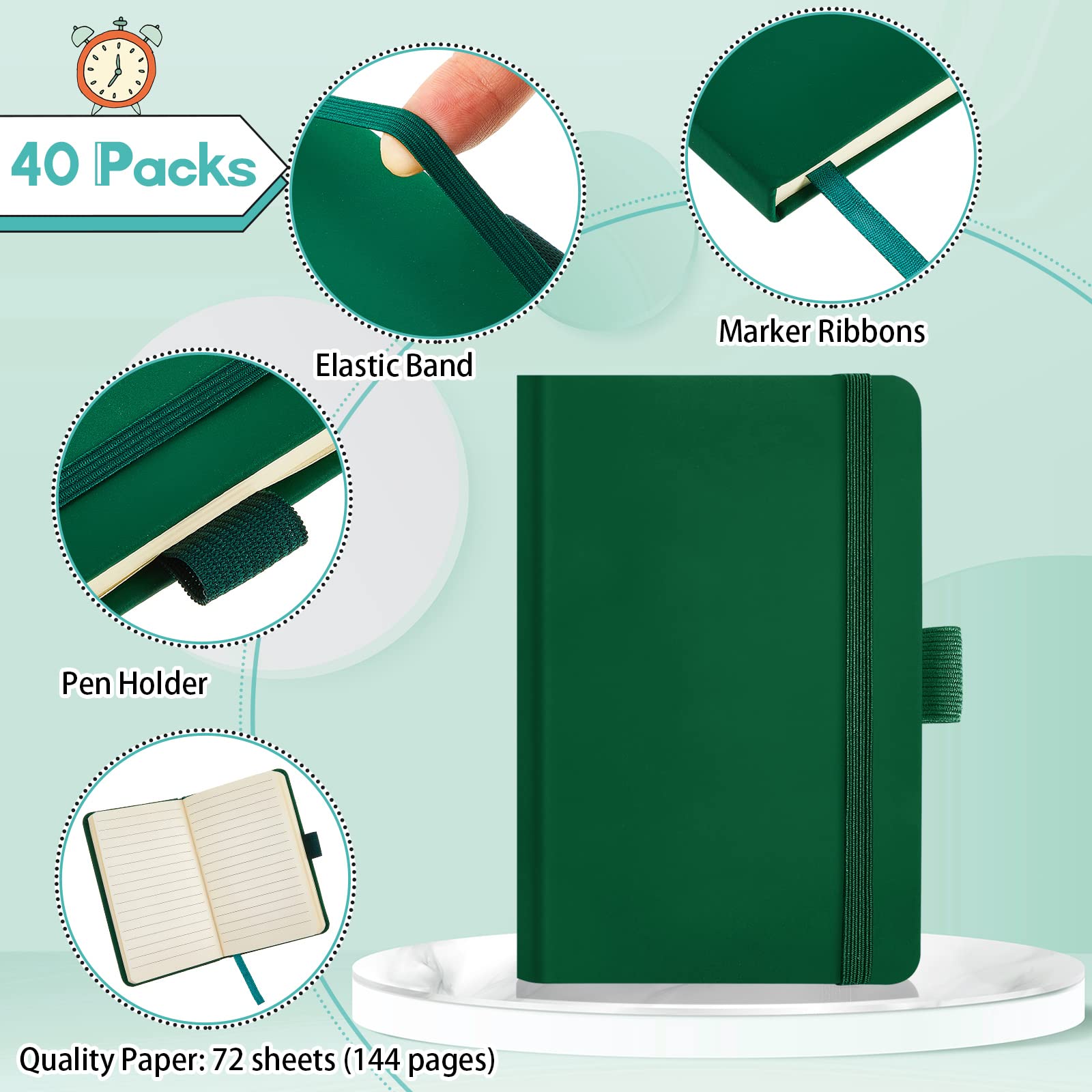 Kleine Notizbücher, A6, 8,9 x 14,9 cm, kleines Leder-Notizbuch, liniert, liniert, mit Gummiband, Stifthalter, Seitenmarkierungsbänder (grün), 40 Stück