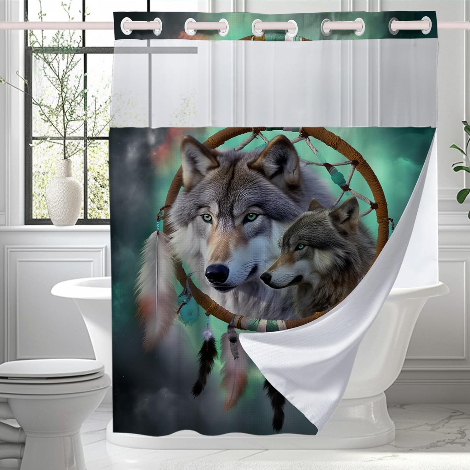 Blue Boho Wolf Theme No Hook Shower Curtain with Snap in Liner, Waffle Fabric Hotel Shower Curtains and Liner Set Washable, Bathroom Decor Double Layer Waterproof with Mesh Window 72 W x 74 H in