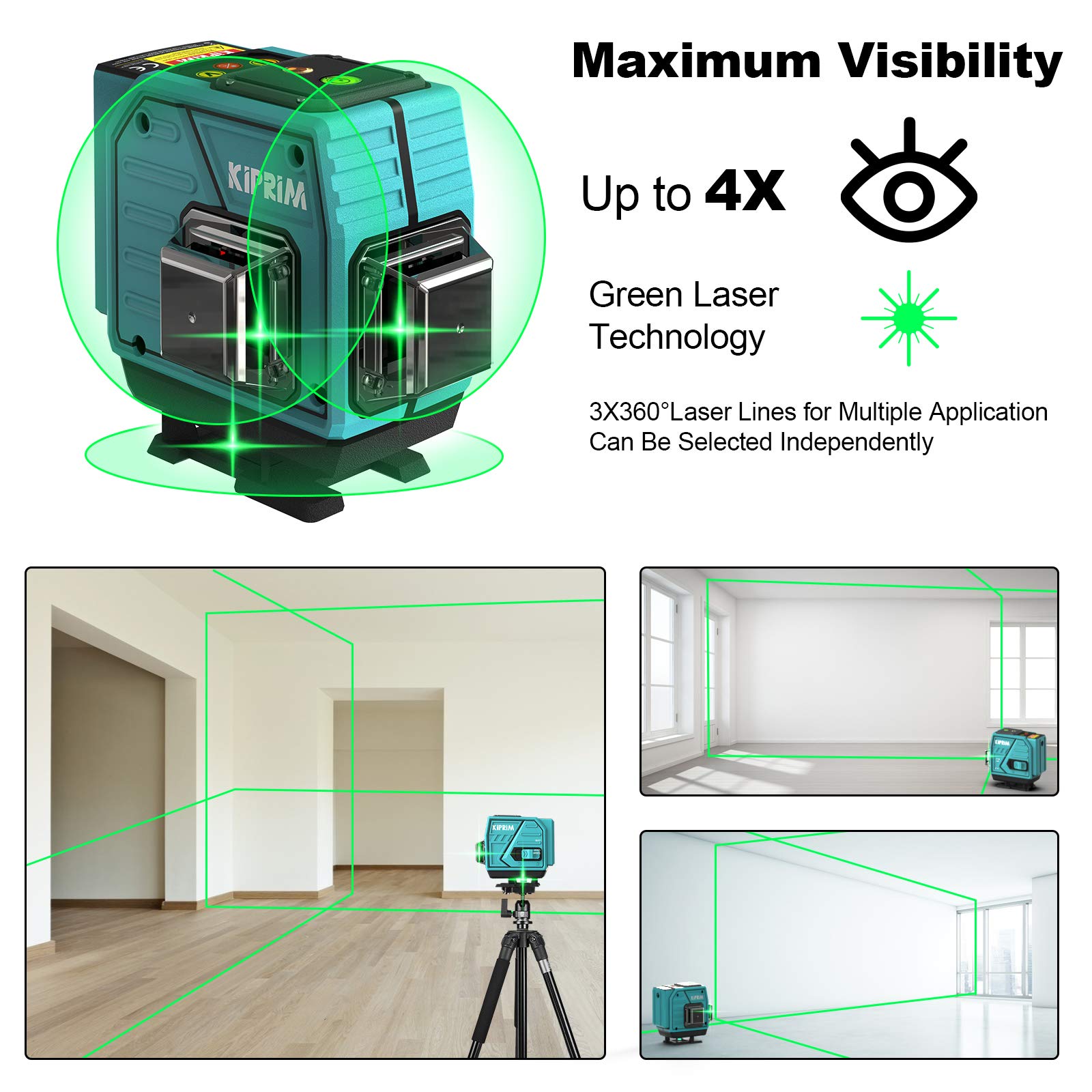 Kiprim Poziomica Laserowa Zielona 3x360° 12 Linii 40M Samopoziomujący Laser Krzyżowy Z 3 Trybami Magnetycznego Montażu ściennego 360° Obrotowa Podstawa Zdalne Sterowanie LV3D Platforma Podnosząca