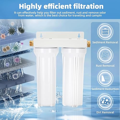 Miniatura 3 de Sistema de filtro de agua dual externo para RV, incluye soporte de montaje, dos filtros y dos accesorios de latón GHT de 34 pulgadas, para reducir