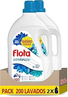 FLOTA | Detergente Líquido Quitamanchas incluso en Agua Fría para Lavadora | Ropa Blanca y de Color | Fragancia Oceánico | 2x100 Lavados | Formato Familiar