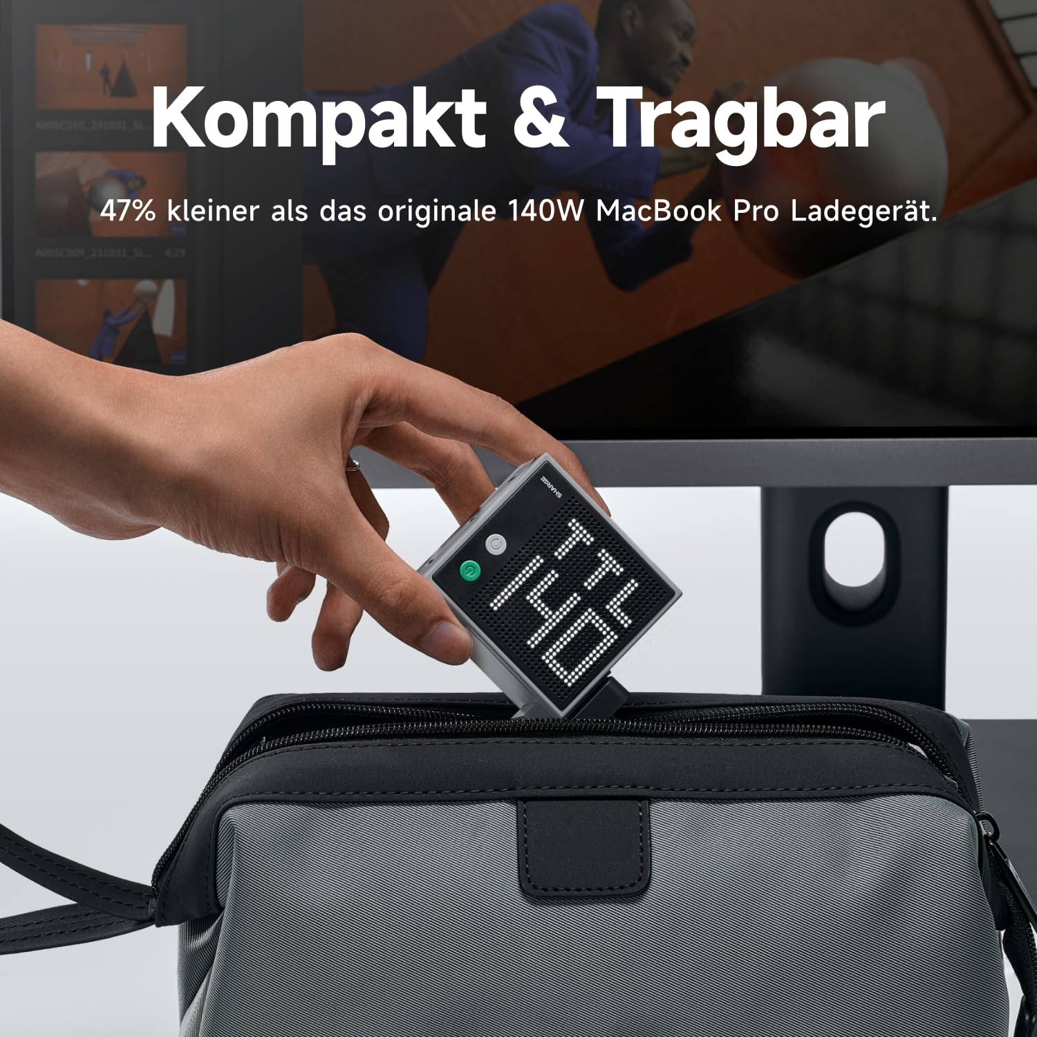 sharge Pixel 140 Laptop Ladegerät, 140W Max USB-C Ladegerät mit Smart Pixel Display, Mehrfach-Stromversorgung PD 3.1 Power Adapter für MacBook Air, Galaxy S25 S24, iPhone 17 16 15 Pro Max, iPad