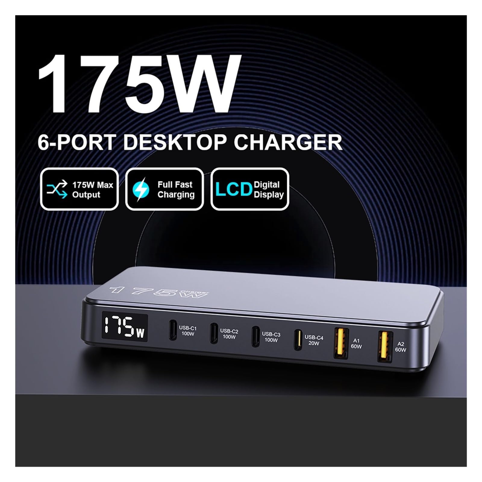 Stazione Di Ricarica USB C Da 175 W Caricatore GaN Ultrasottile A 6 Porte Display LCD Tavolo PD100W Capacità Di Ricarica Rapida