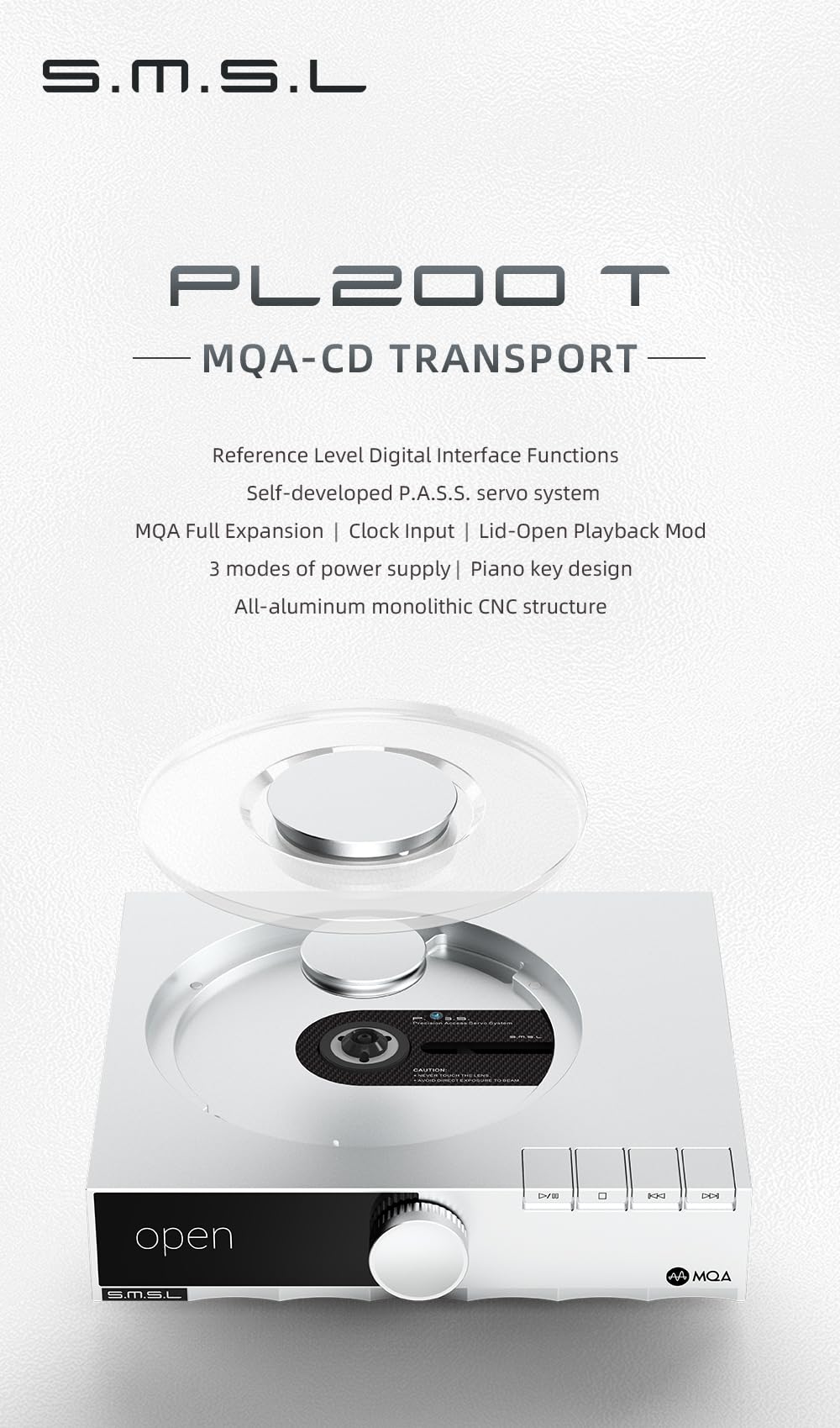 SMSL PL200T Lecteur CD MQA-CD Horloge de transport Entrée Sortie P.A.S.S. Système optique coaxial AES I2S Sortie
