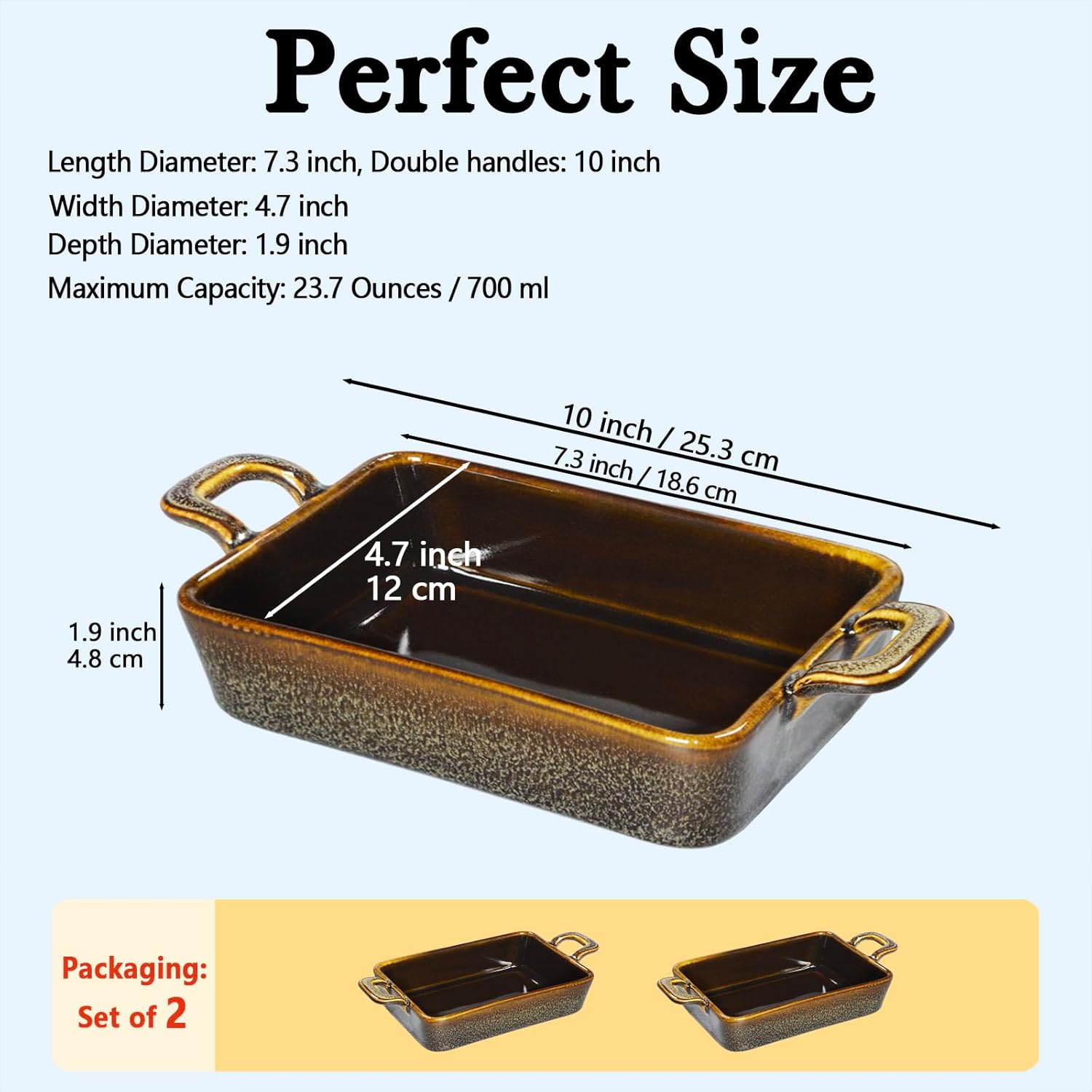 7 x 4 Au Gratin Baking Dishes for Oven Safe and Microwave Cooking and Baking, 2 piece, Heat Resistant Ceramic with Handles for Serving, Small Casserole Dish Set for 1 or 2 person servings, Brown
