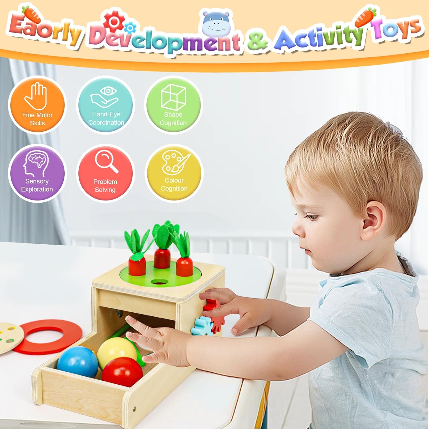 Montessori Toys for 1 Year Old, 6 in 1 Wooden Toys for Baby Boy Girl, Object Permanence Box, Color&Shape Sorting Learning Matching Game, Carrot Harvest, Preschool Educational Gift (New Coin Box)