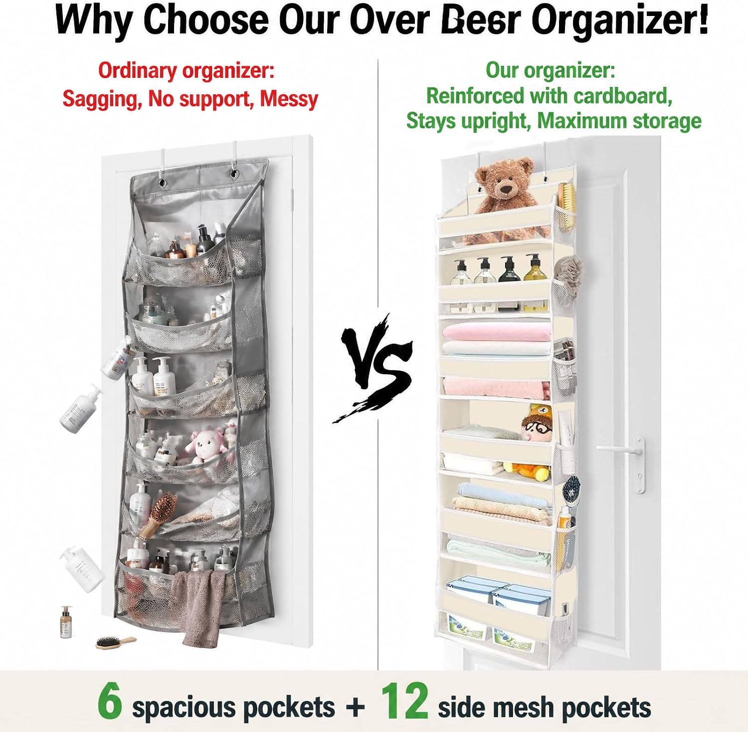 Over The Door Storage Organizer - Hanging Storage Organizer for Pantry Bedroom of Door Organizer 6 Large Pockets 12 Side mesh Pockets and 6 Bottom Panels Beige