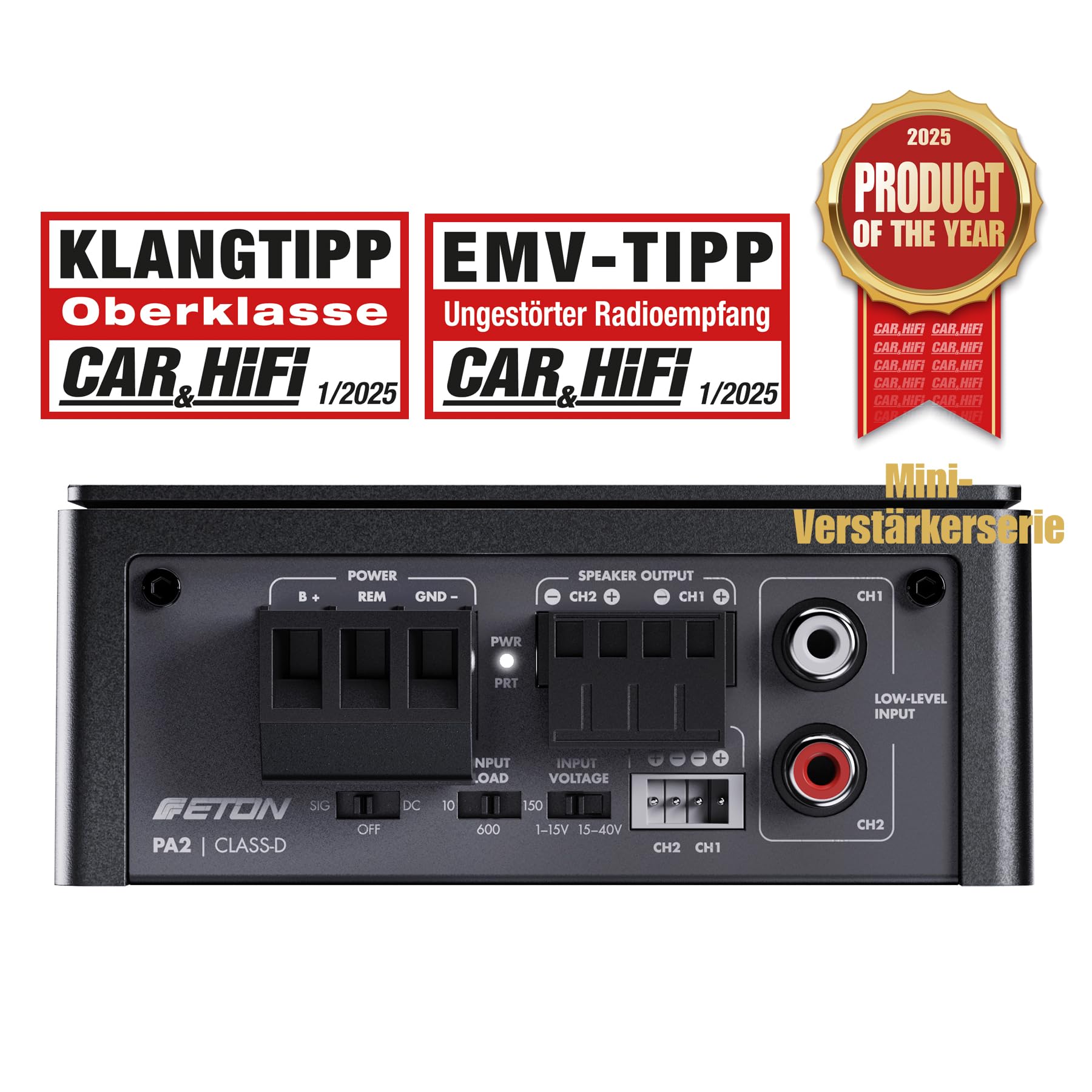 ETON PA 2 – ultra kompakter 2 Kanal Verstärker, leistungsstarke digitale Micro Endstufe für Autos und Reisemobile, Class D Amp mit 2 x 85 Watt