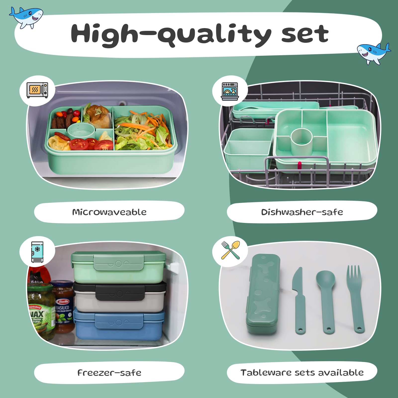 Bugucat Lonchera Bento de 1300 ml con 16 calcomanías, a prueba de fugas, con 4 compartimentos, cubiertos para niños y adultos, caja de aperitivos para escuela, jardín de infantes, oficina, color verde