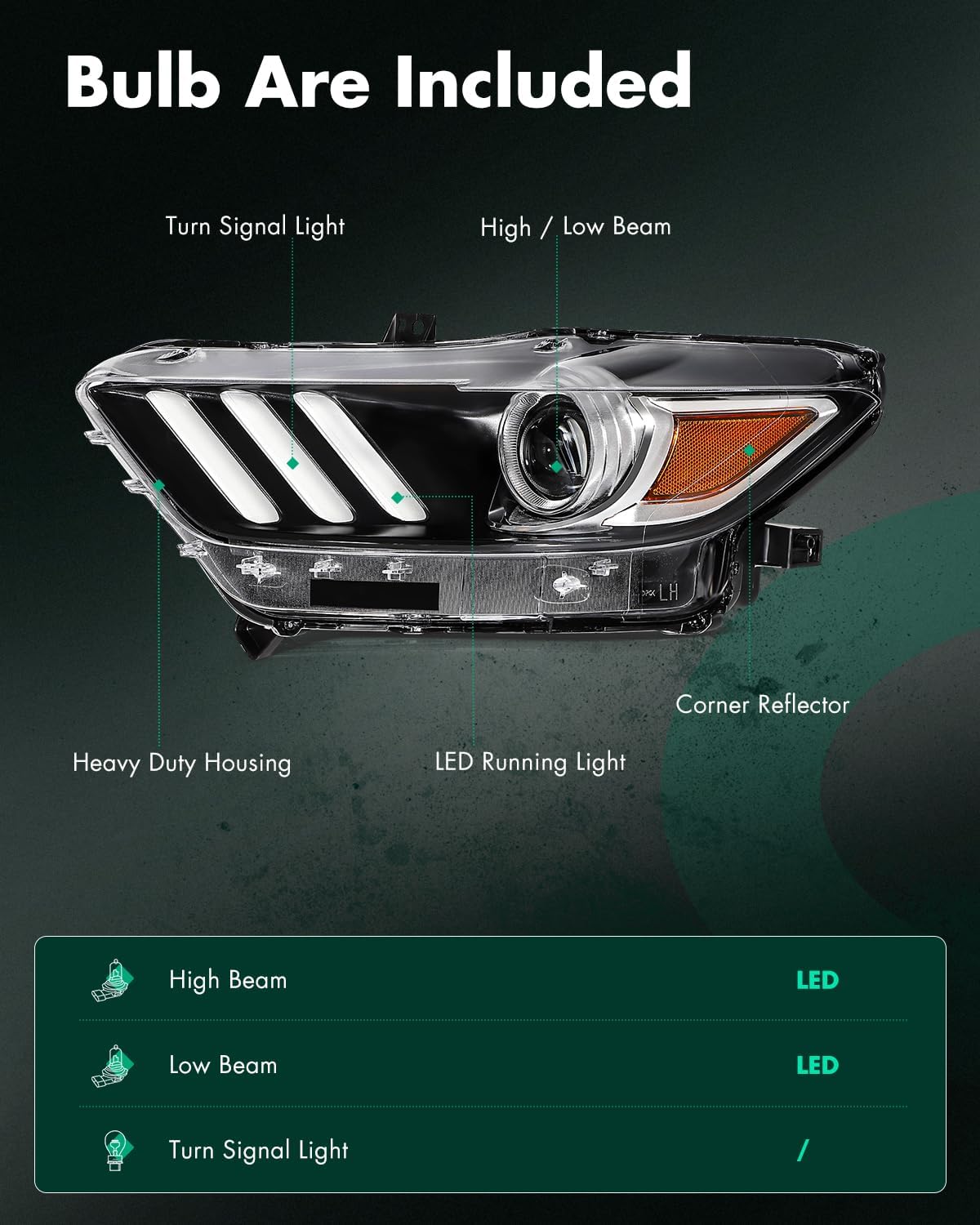 SCITOO Headlight Assembly Fit 2015-2017 for ford Mustang Black Housing Amber Reflector Pair Headlights FO2518124