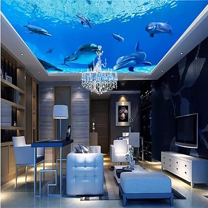 Amazon Co Jp 天井3d壁紙壁画青い夢水中世界イルカ天井装飾背景3d壁紙250x180cm Diy 工具 ガーデン