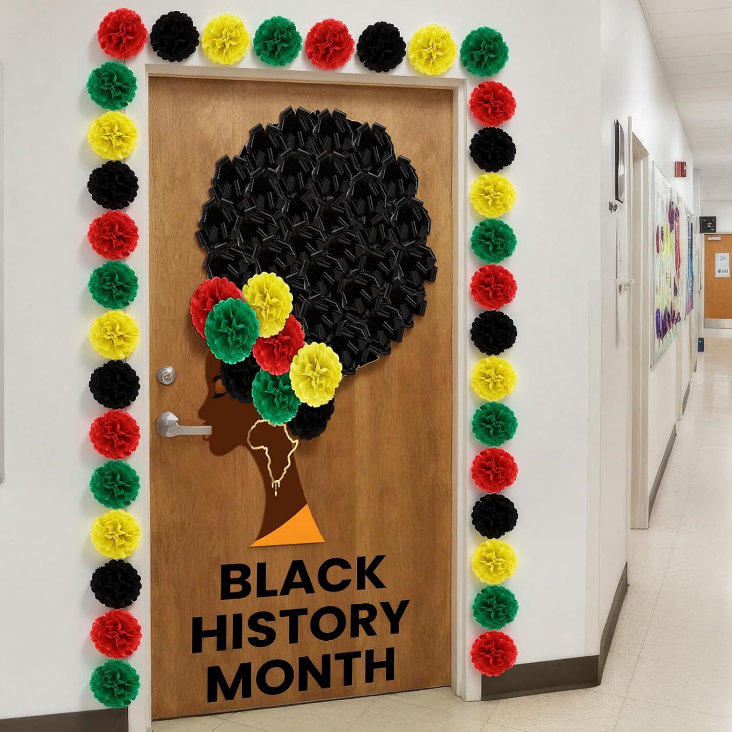 77 Pcs Large Bulletin Board Decor 34.7 x 53.2 Inches Black Women Portrait Decor 6 Inch Paper Flowers 4.7 Inch Pull Bows for Classroom African American Celebration(Black History Month Green)