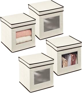 mDesign Fabric Stackable Square Cube Storage Organizer Box with Window/Attached Lid for Organizing Bedroom Closet - Holds Purses, Linens, Accessories - Jane Collection - 4 Pack, Cream/Espresso Brown