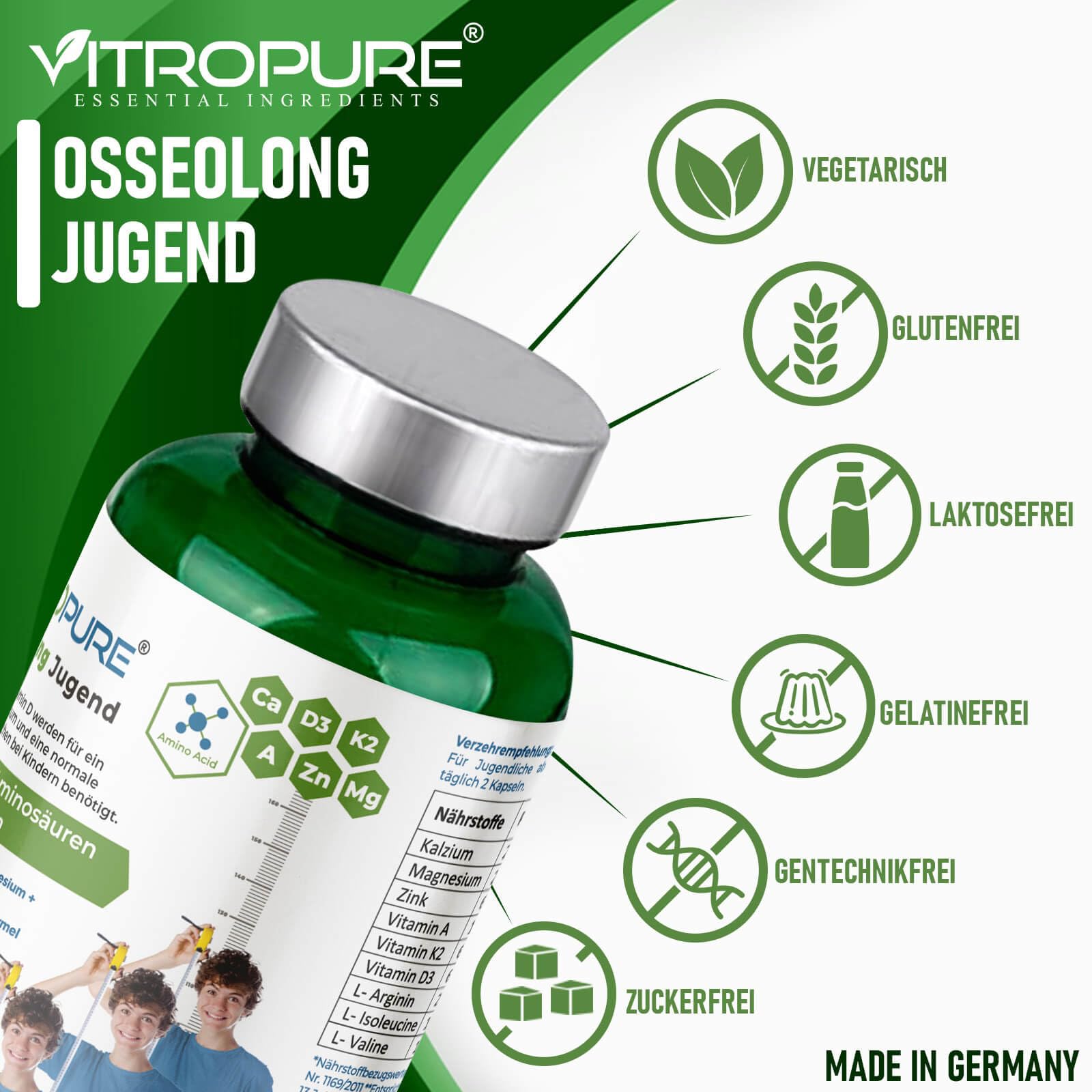 OsseoLong® Jugend: Einzigartige Kombination L-Arginin + verzweigtkettiger Aminosäuren (BCAAs), Kalzium, Vitamin D3, Zink und Magnesium für die Knochenentwicklung (Kapsel)