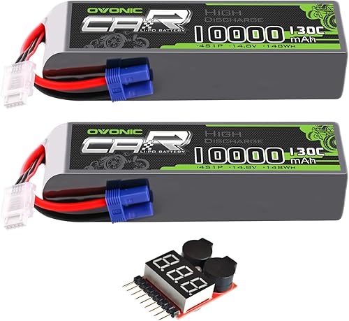 OVONIC 4S LiPo Batería 10000mAh 14.8V 130C RC Batería con conector EC5 (paquete de 2) (con comprobador de voltaje Lipo)