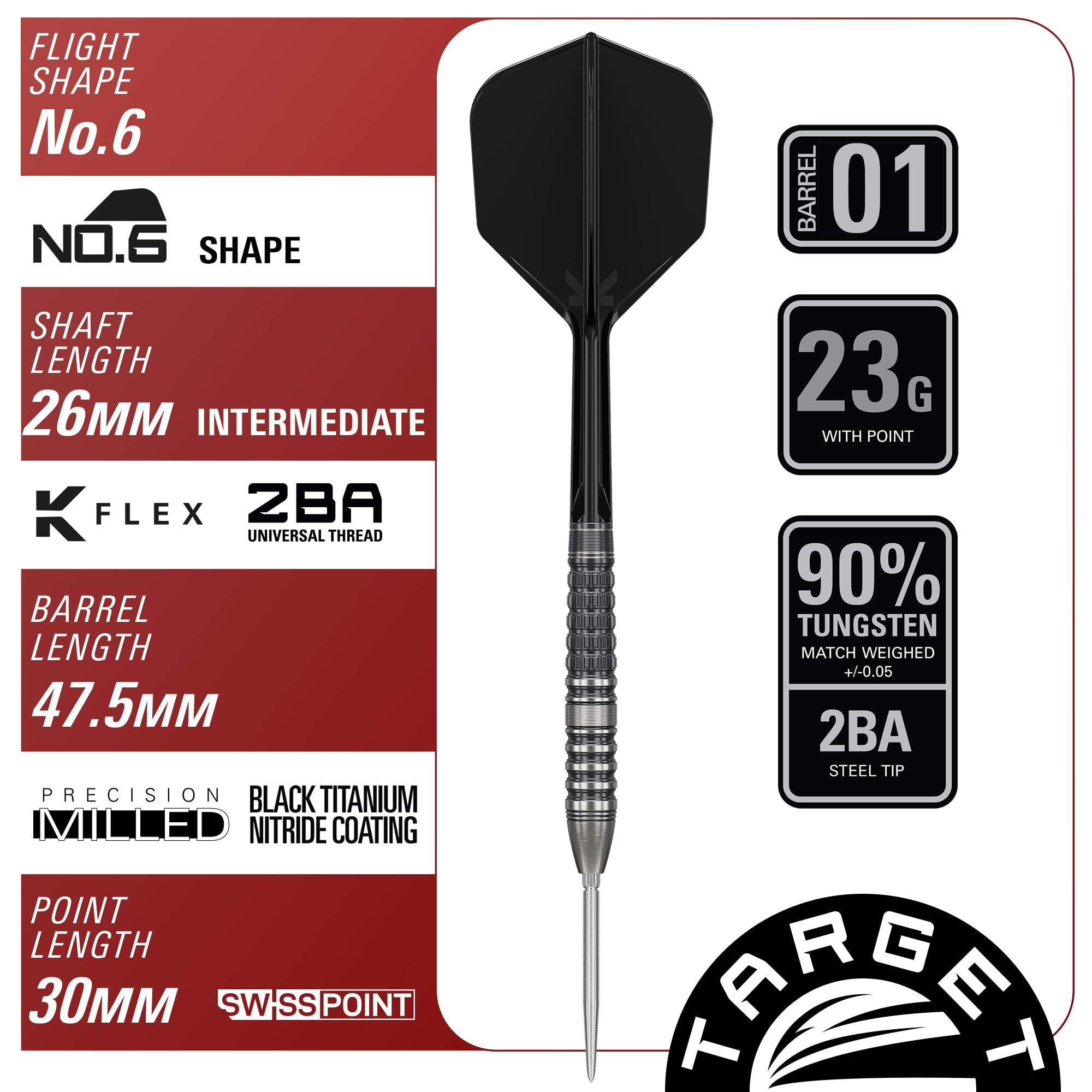 Target Japan Black Marque Lumiere G3 90% Tungsten K-Flex Swiss Point Steel Tip Darts Set, 23G | Hasumi KFlex Dart Flight, Swiss Nano Points, K Flex No.6 Shape Flights and Shafts