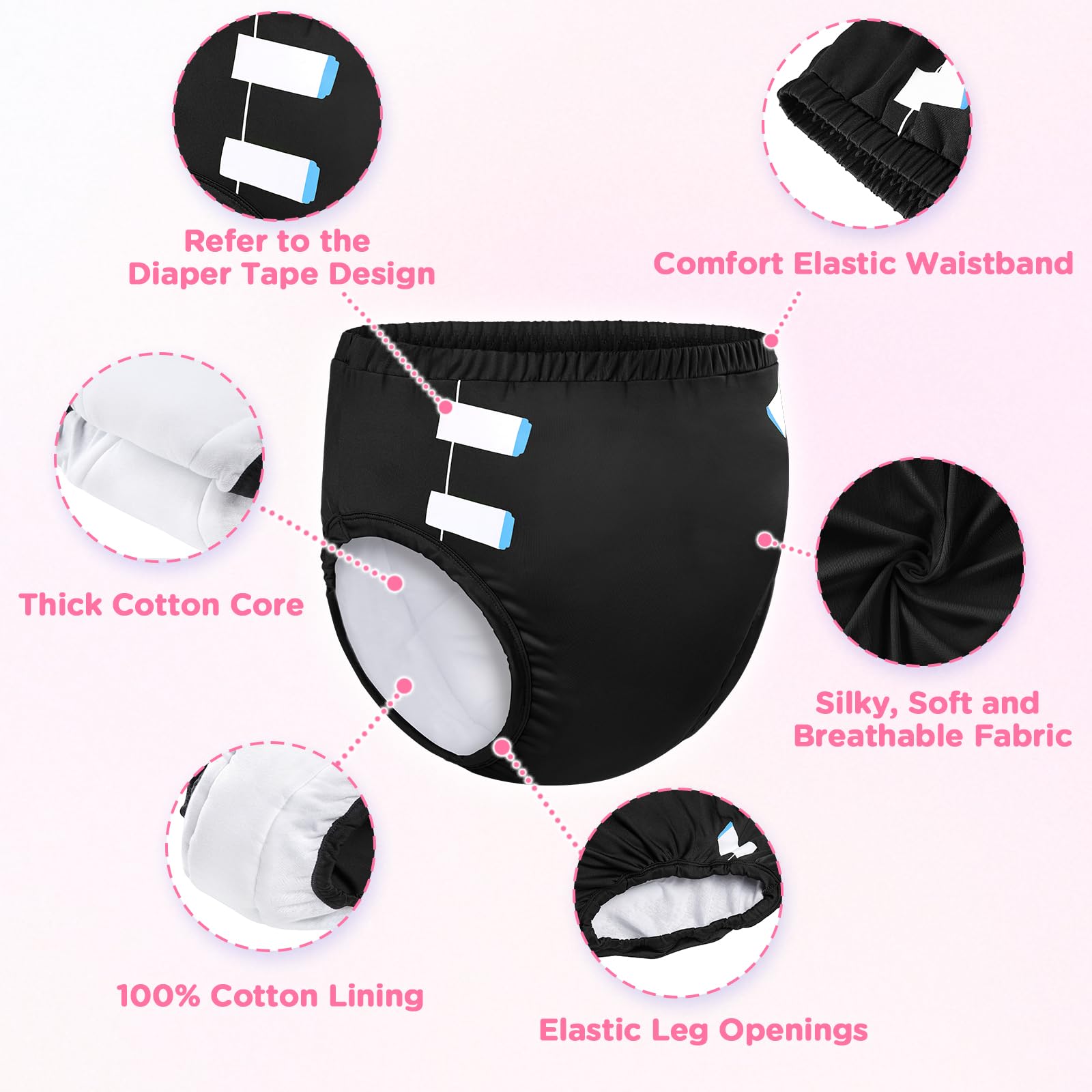 LittleForBig Miękka, jedwabista bielizna, wygodne, nadające się do prania, wielokrotnego użytku, spodnie treningowe Primary Comfort Cloth dla dorosłych Czarne XS