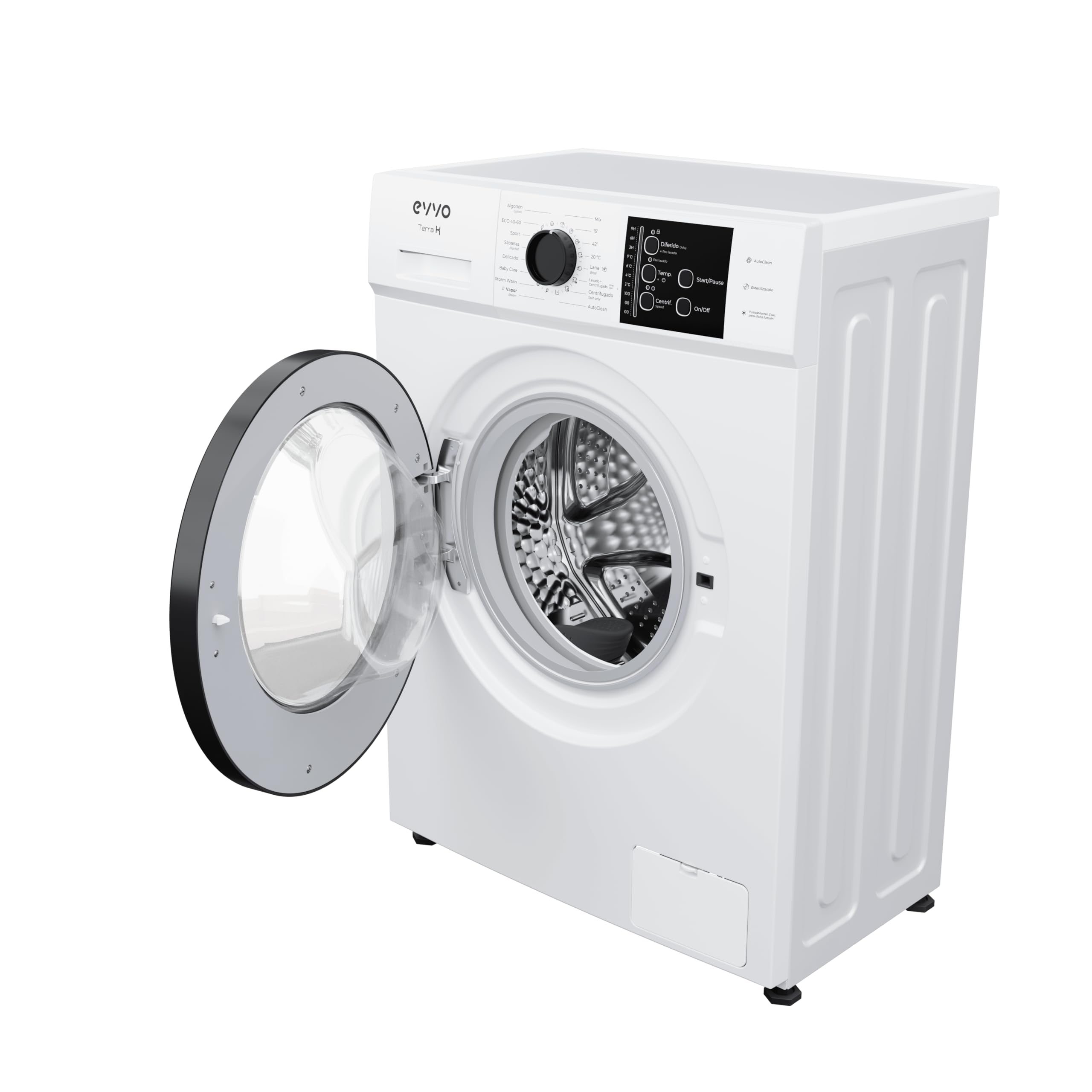 EVVO Lavadora Carga Frontal TERRA K7 - Lavadora Eficiencia Energética A, Motor eDRIVE Inverter, Función Vapor, 1000-1200 RPM, 16 Programas, Lavado Rápido, Limpieza de Tambor, Fondo Estrecho 44 cm