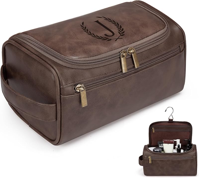 Necessaire suspensa de viagem Janhavi em PU, marrom-escuro, inicial J